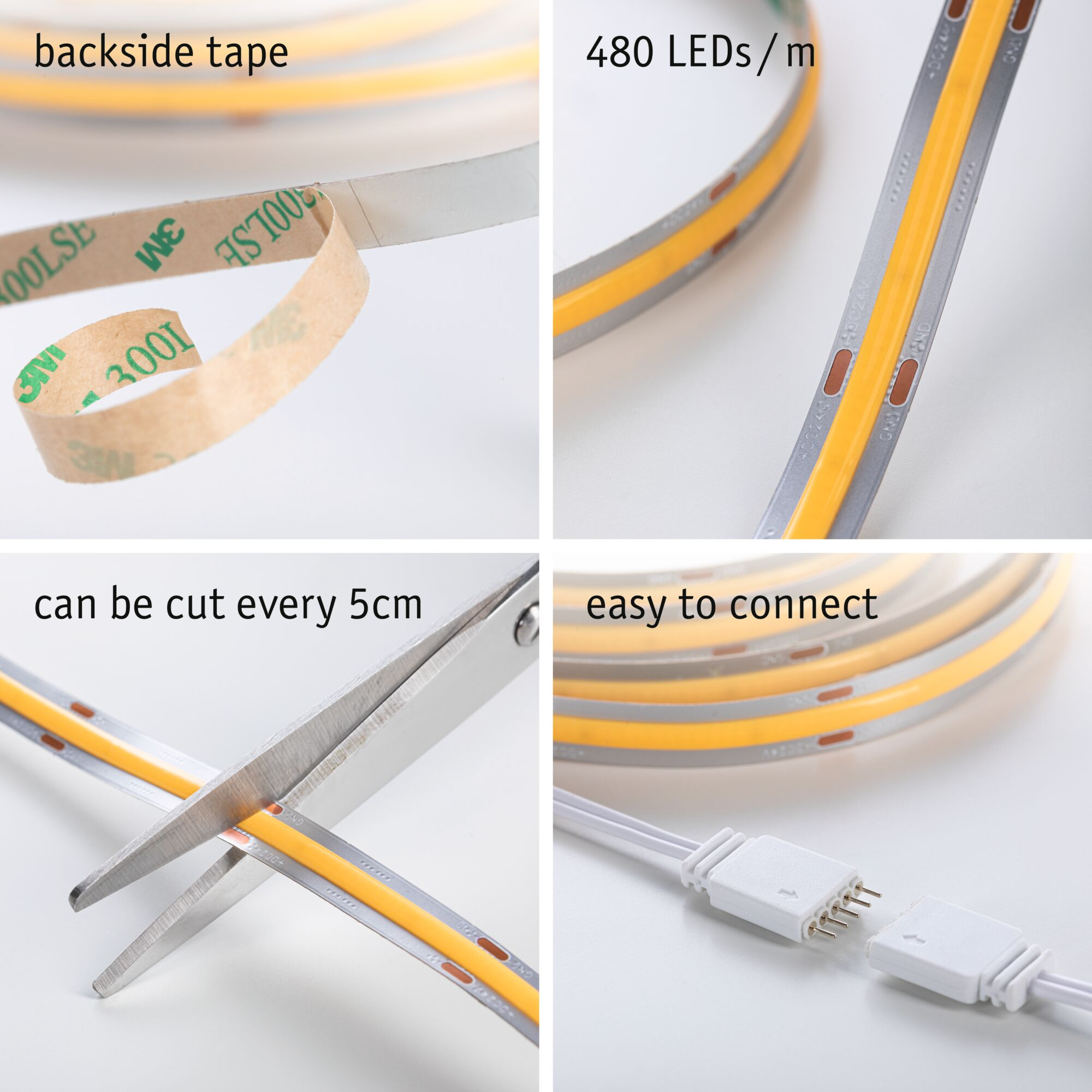 Taśma LED z taśmą klejącą, 480 LED/m, można ciąć co 5cm, łatwa do podłączenia.