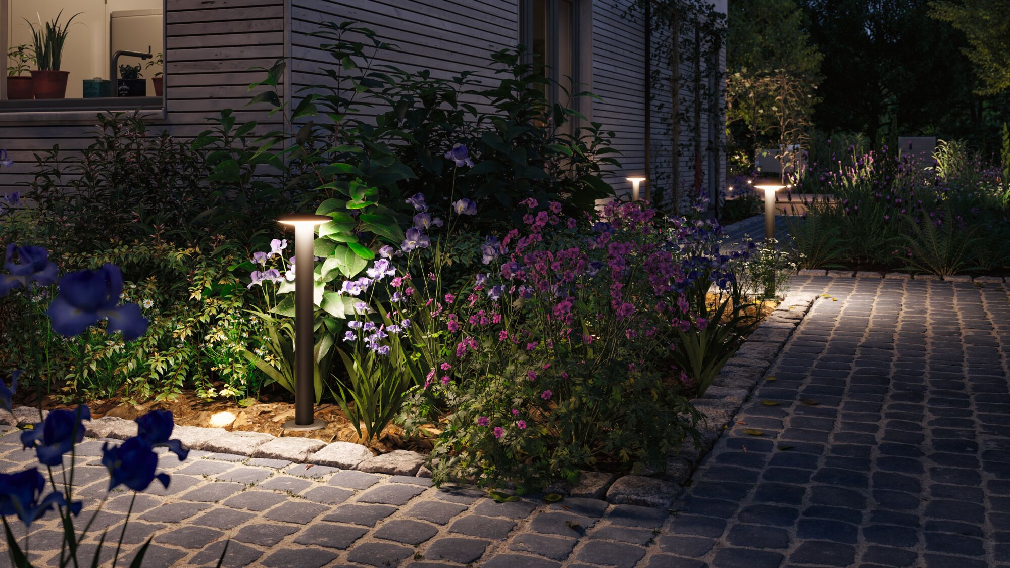 Gepflasterter Weg neben Blumenbeeten mit Beleuchtung bei Nacht.