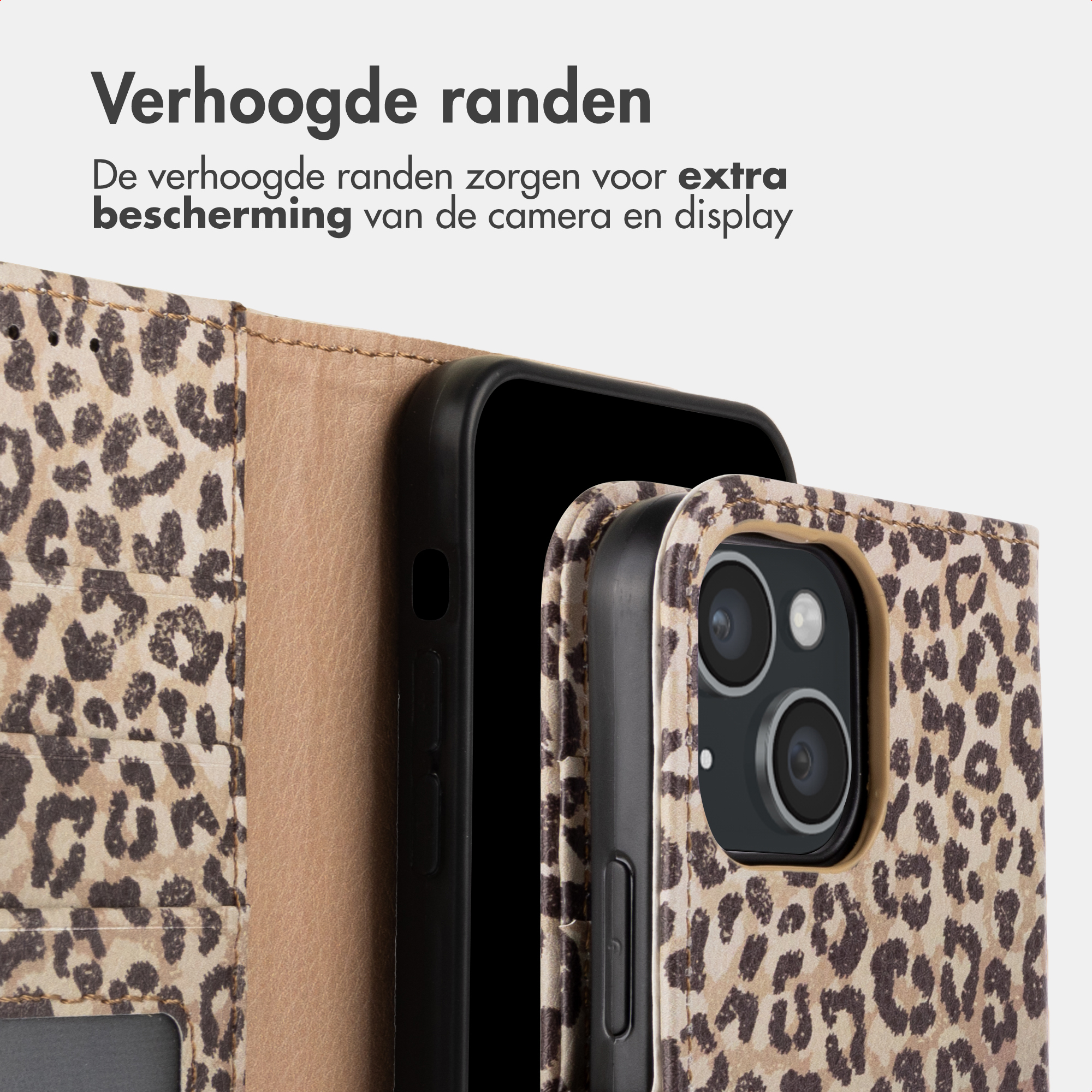 Leopard print phone case with raised edges for camera and display.