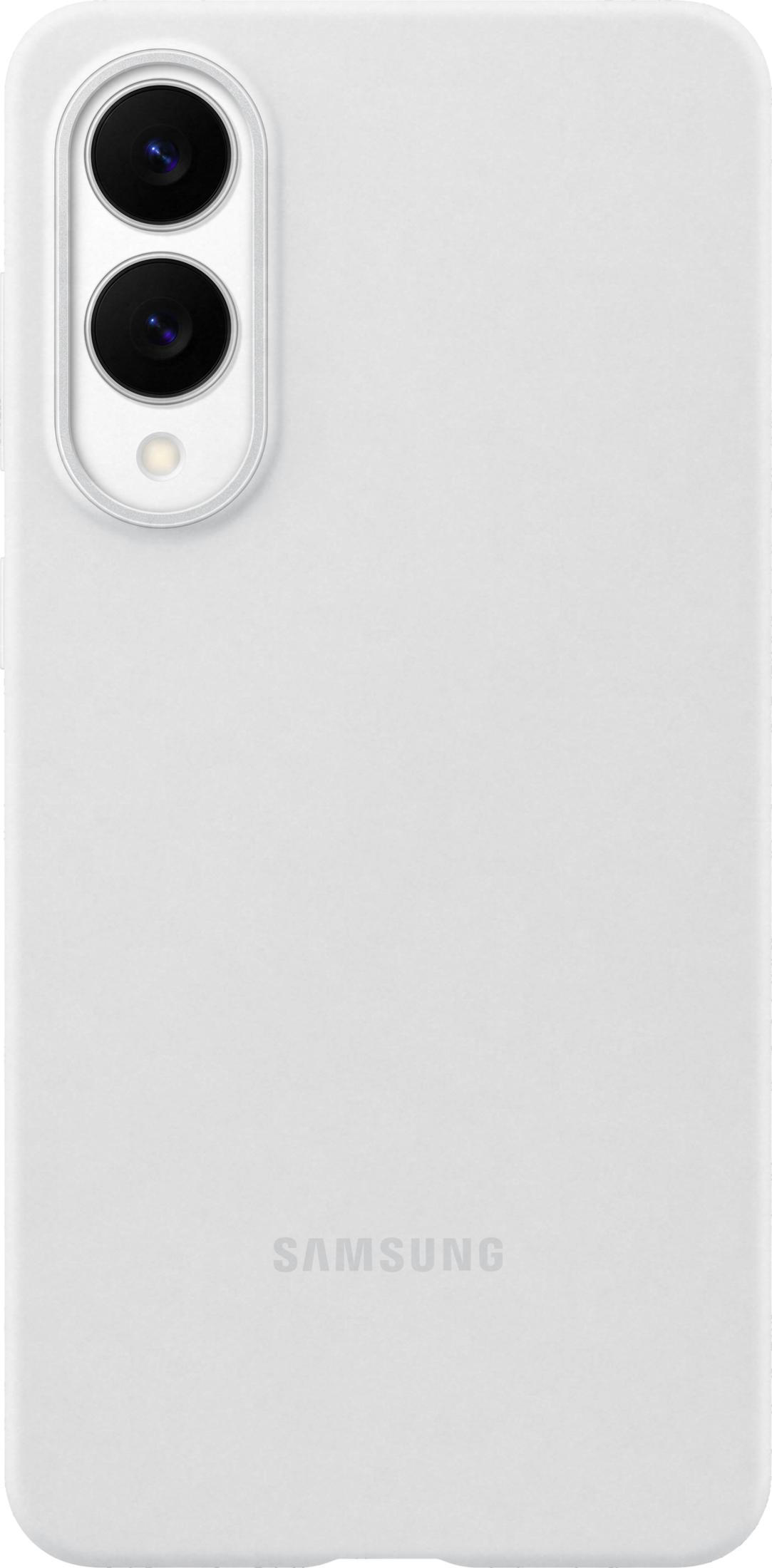 Custodia bianca per telefono con due fotocamere e flash sul retro.