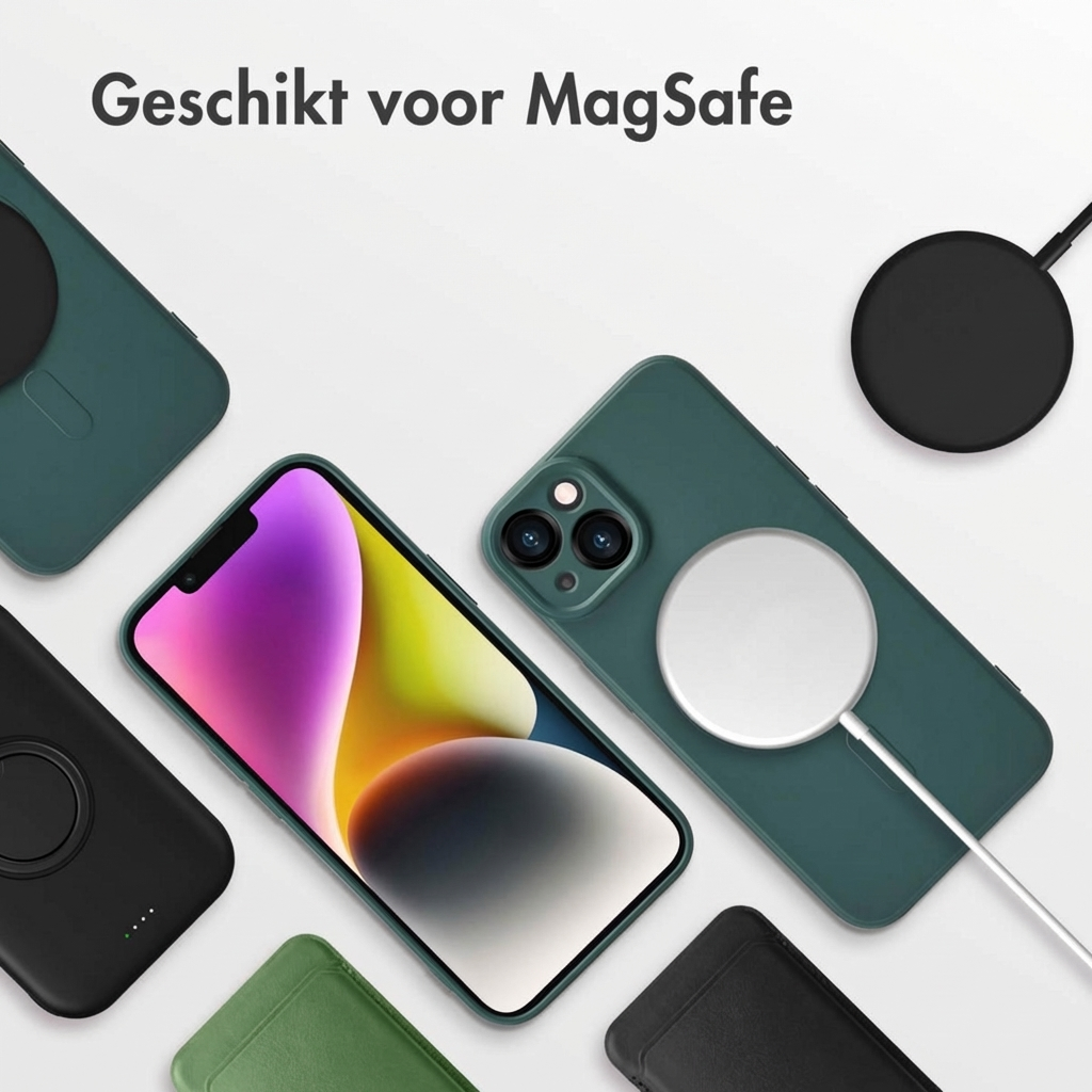 iPhone e caricatori MagSafe su sfondo bianco. Testo: Geschikt voor MagSafe.