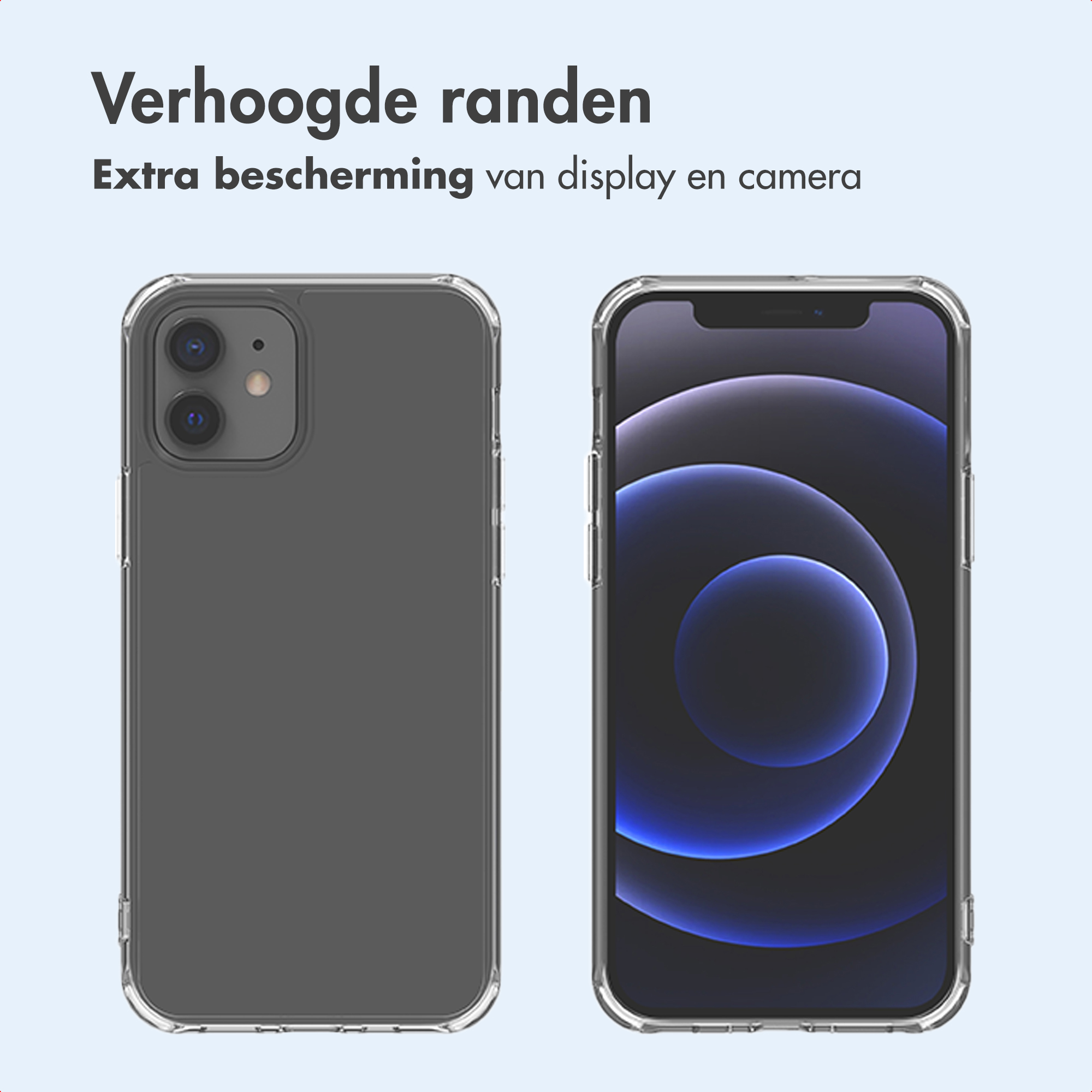 Zwei transparente Handyhüllen nebeneinander, eine zeigt die Rückseite mit Kameras.