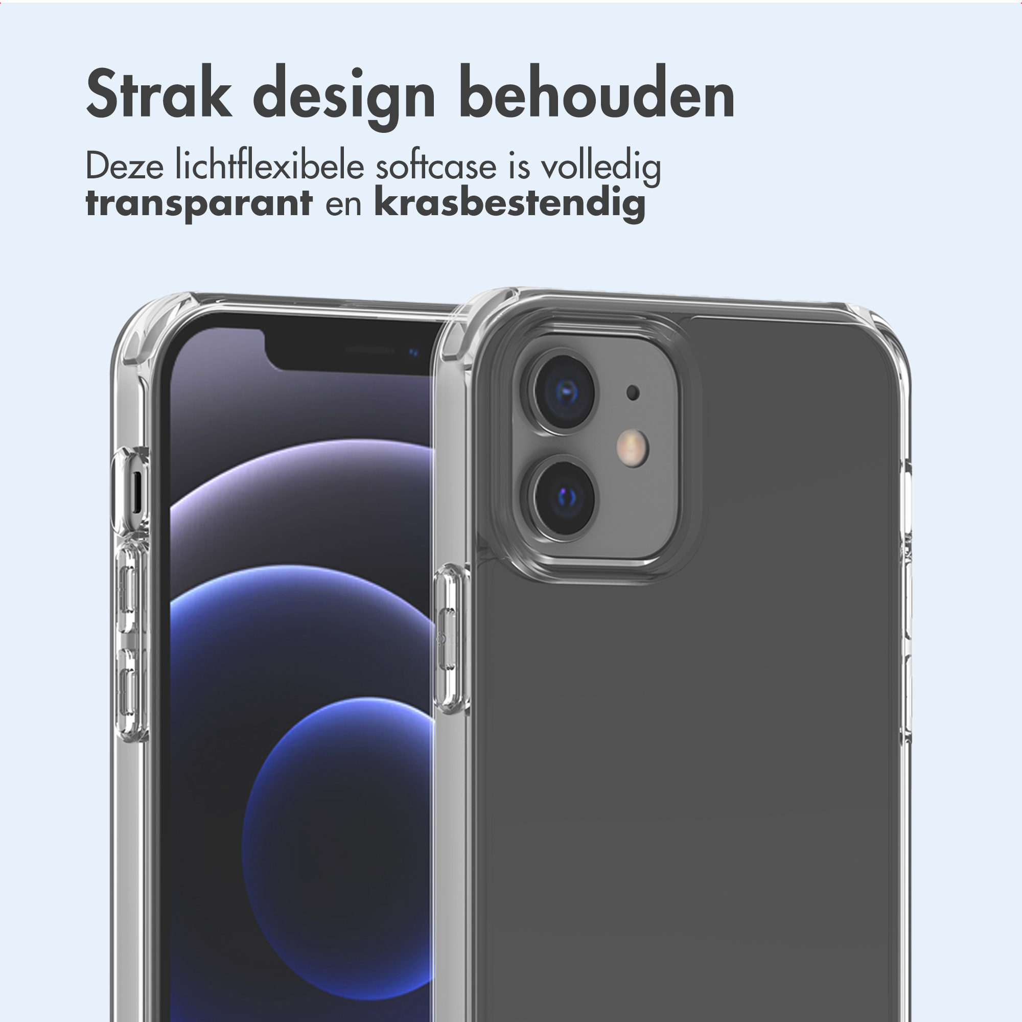 Ein transparentes Handy-Case schützt ein dunkles Smartphone mit blauer Hintergrundgrafik.