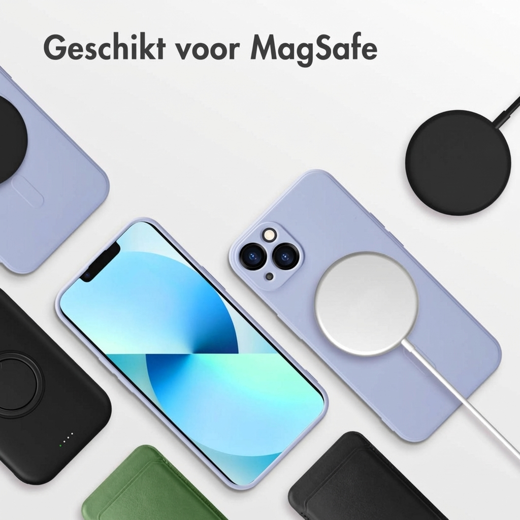 Diversi iPhone e caricabatterie MagSafe sono disposti su una superficie bianca.