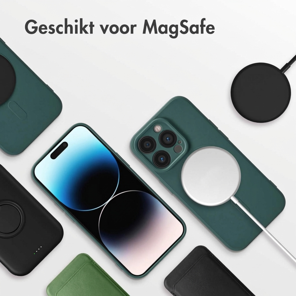 iPhone con caricatore MagSafe e cover di vari colori.