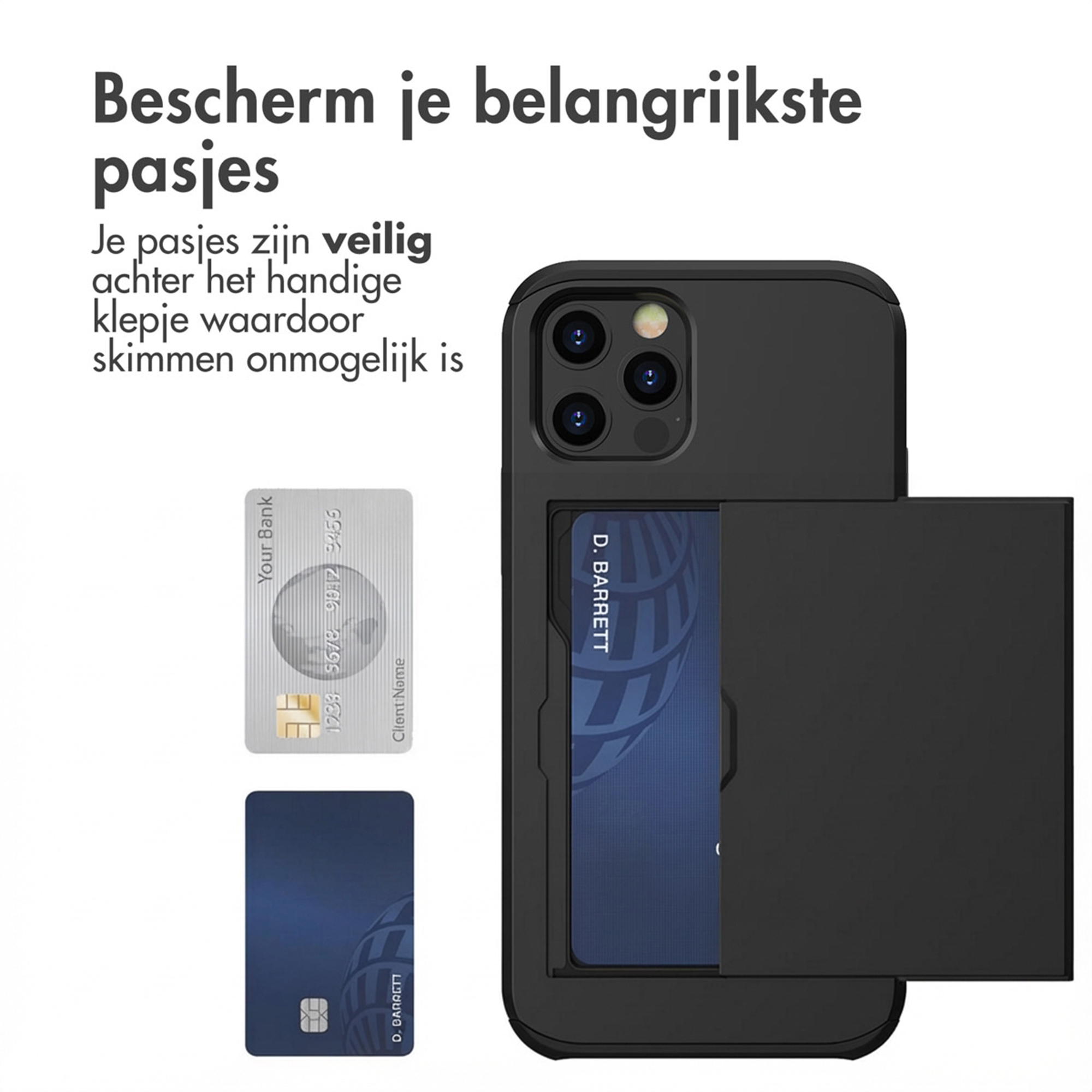 Custodia nera per telefono con slot per carte, mostra carte di credito blu e argento.