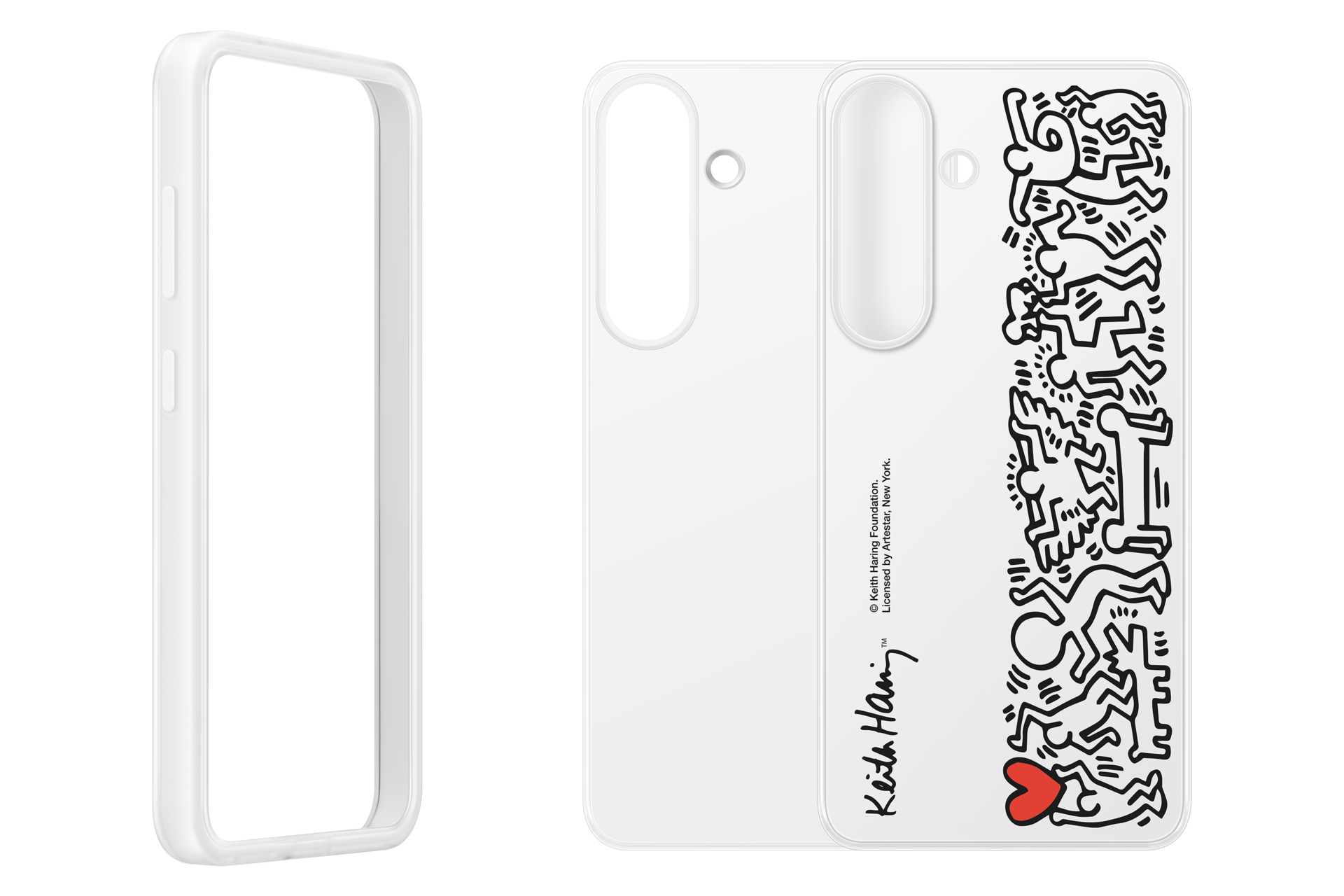 Una custodia bianca per telefono con arte di Keith Haring e un cuore rosso.