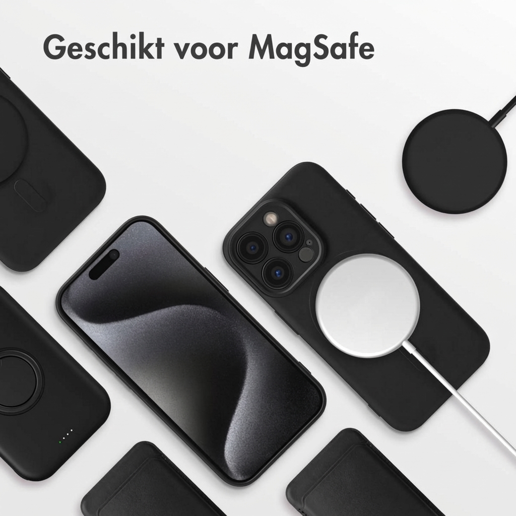 Black iPhone cases and MagSafe chargers on a white background.