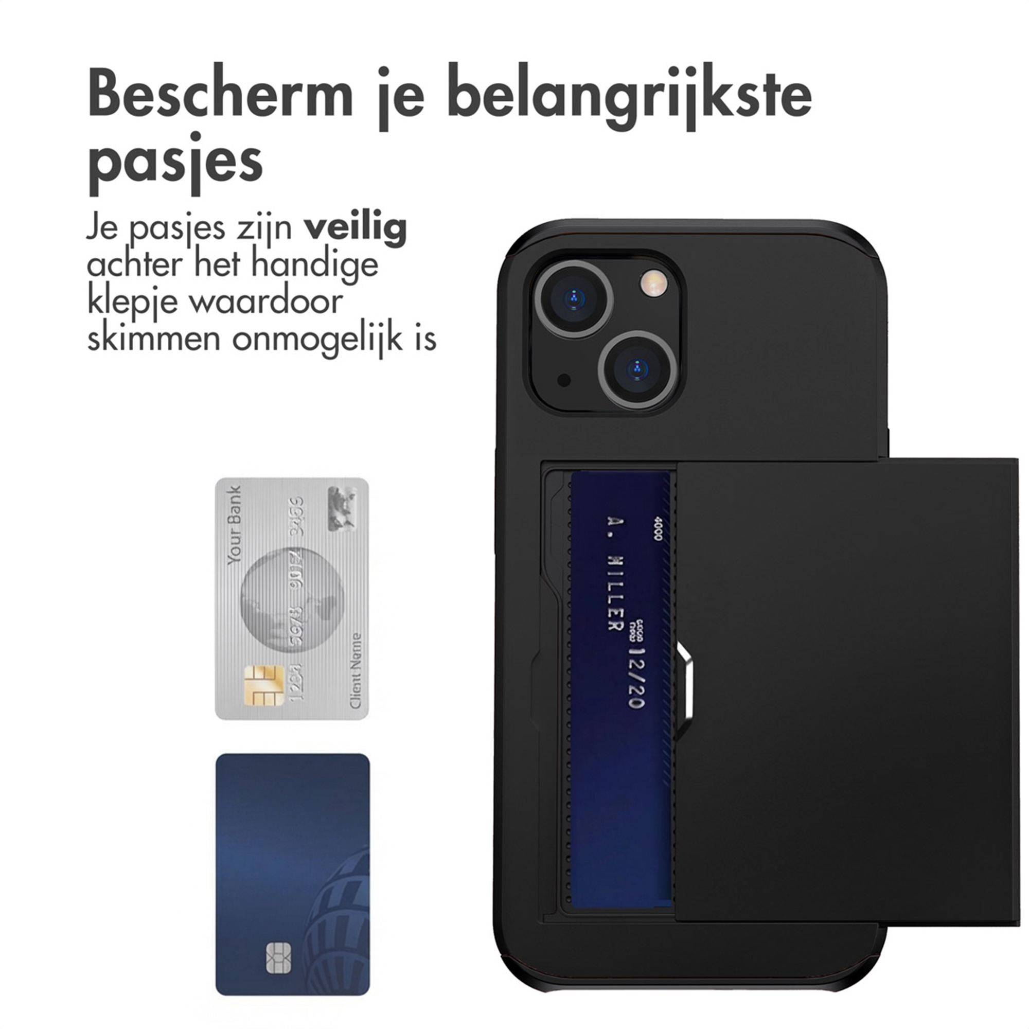 Custodia nera per telefono mostra slot per carte con carte di credito.