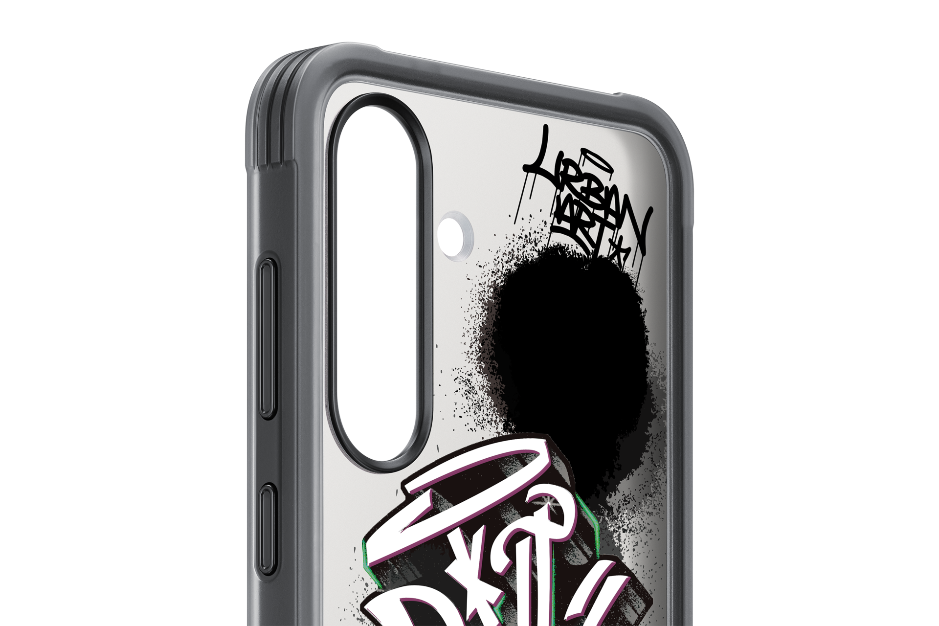 Design graffiti su una custodia trasparente per telefono con vernice spray nera e scritte.