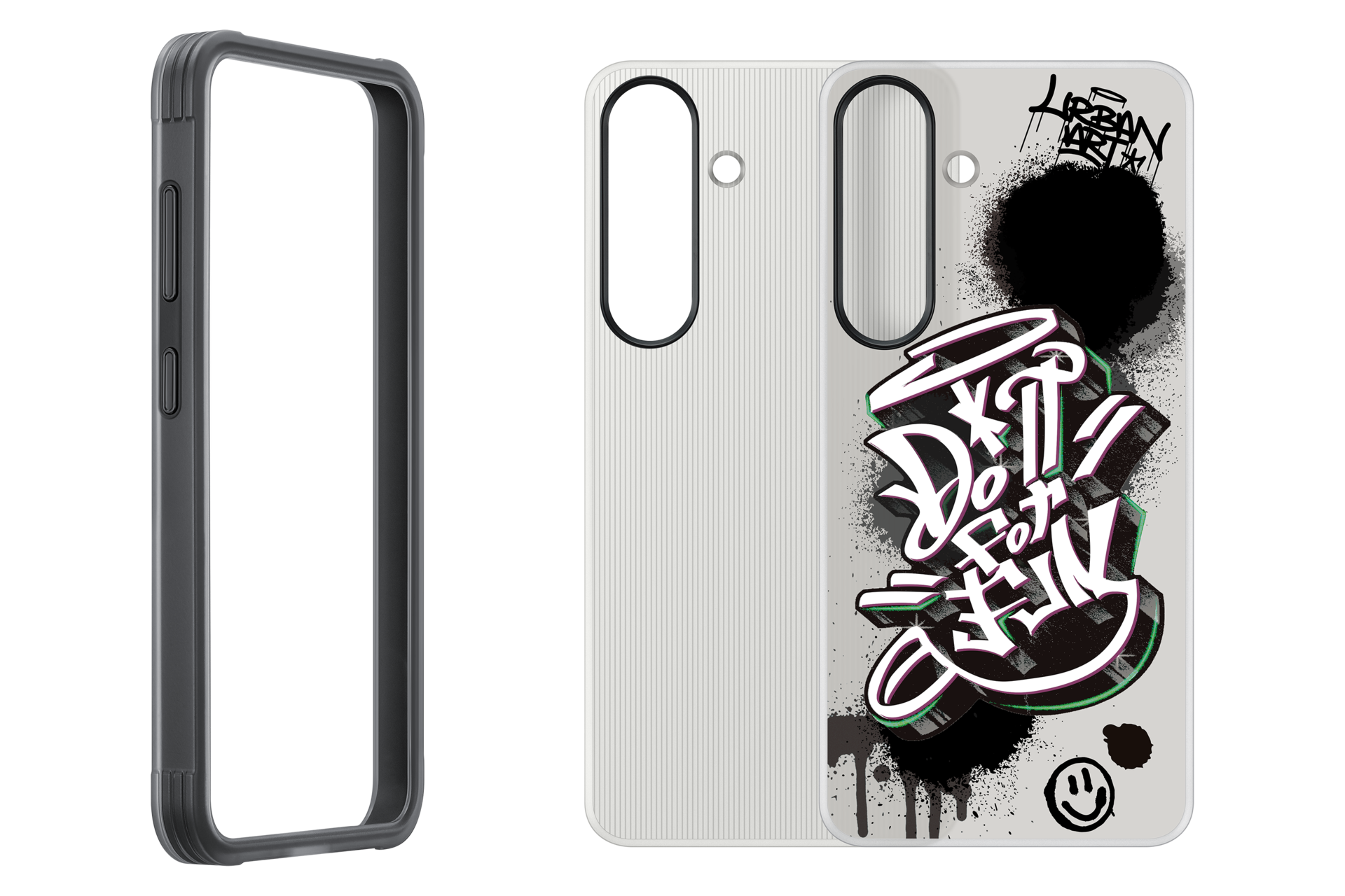 Una cornice grigia per telefono e una custodia bianca con stampa graffiti.