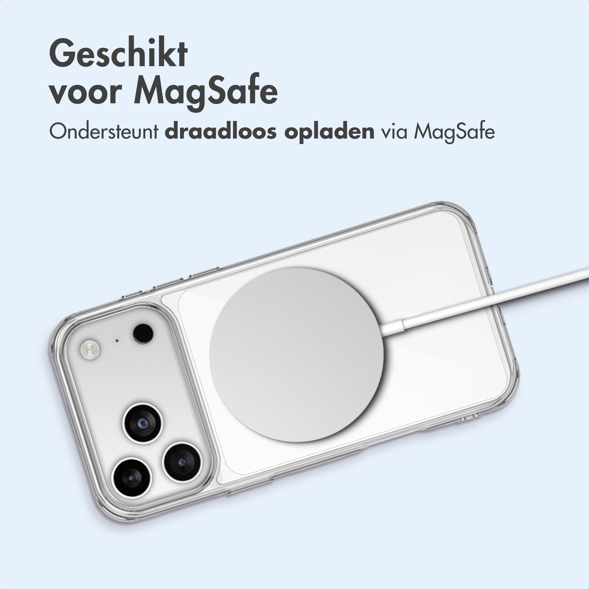 Una cover trasparente per telefono con caricatore MagSafe sul retro.