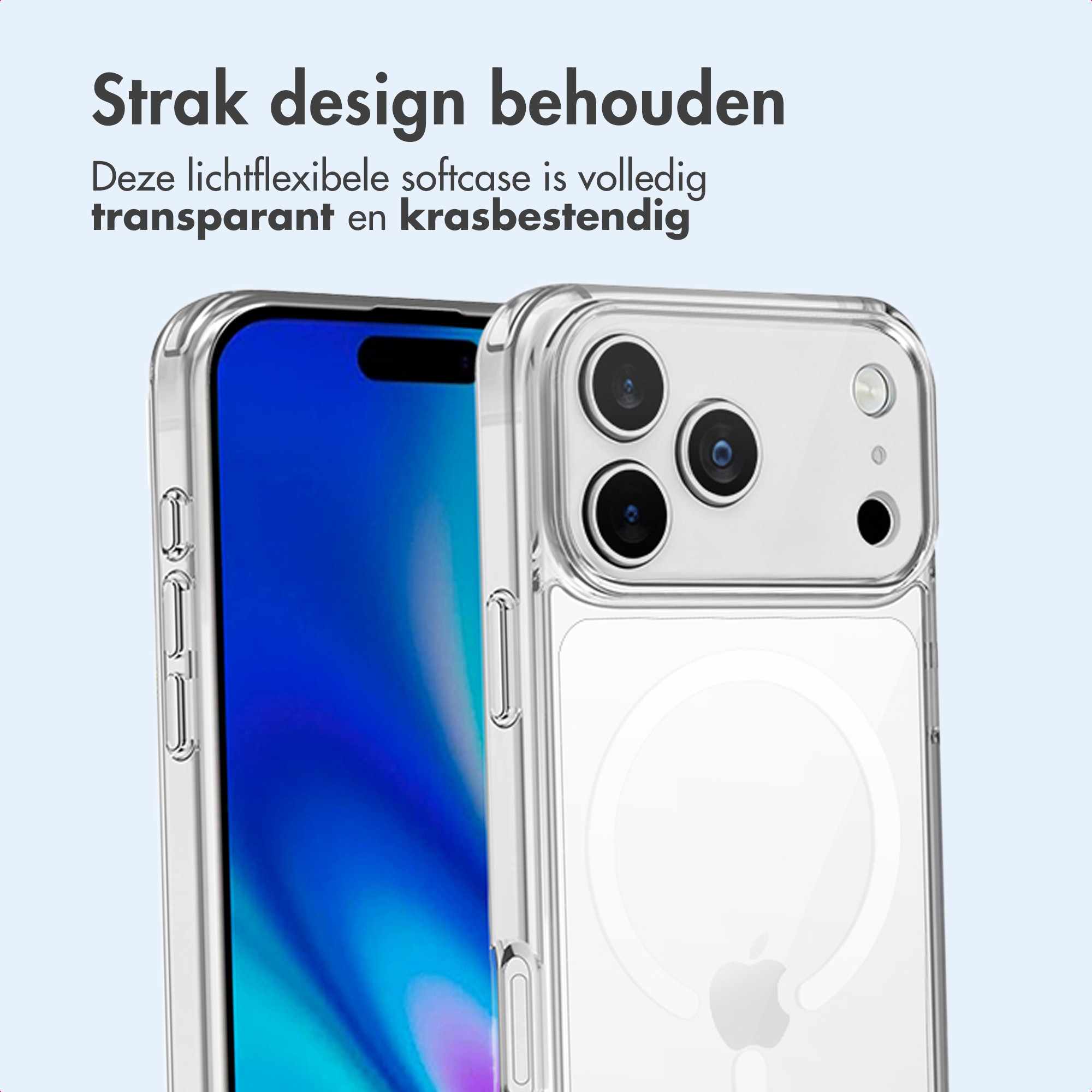 Un primo piano di una custodia trasparente su un iPhone, che mostra la fotocamera e un debole logo Apple con un anello.