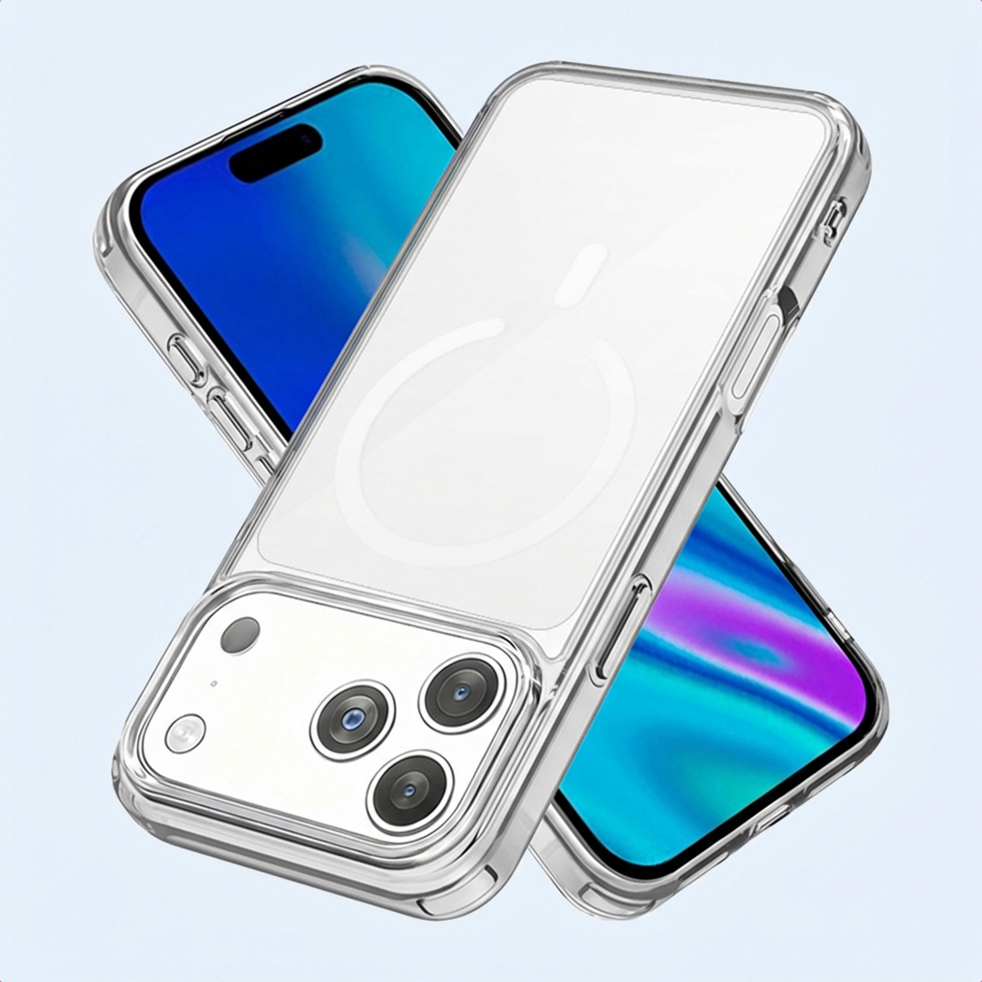 Due custodie trasparenti per telefono con telefoni che mostrano schermi blu e colorati.