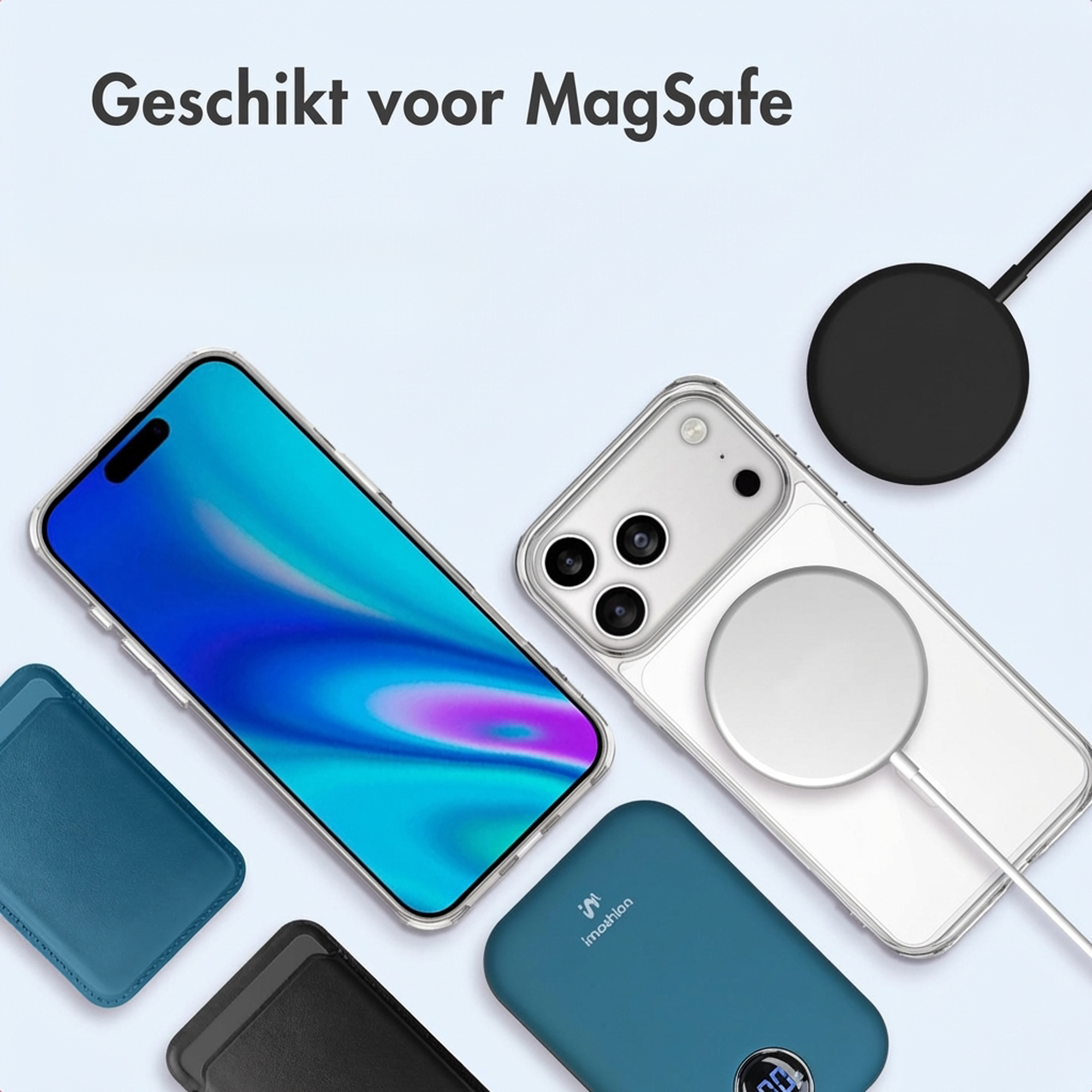 Uno smartphone con custodia MagSafe, caricabatterie e cover.