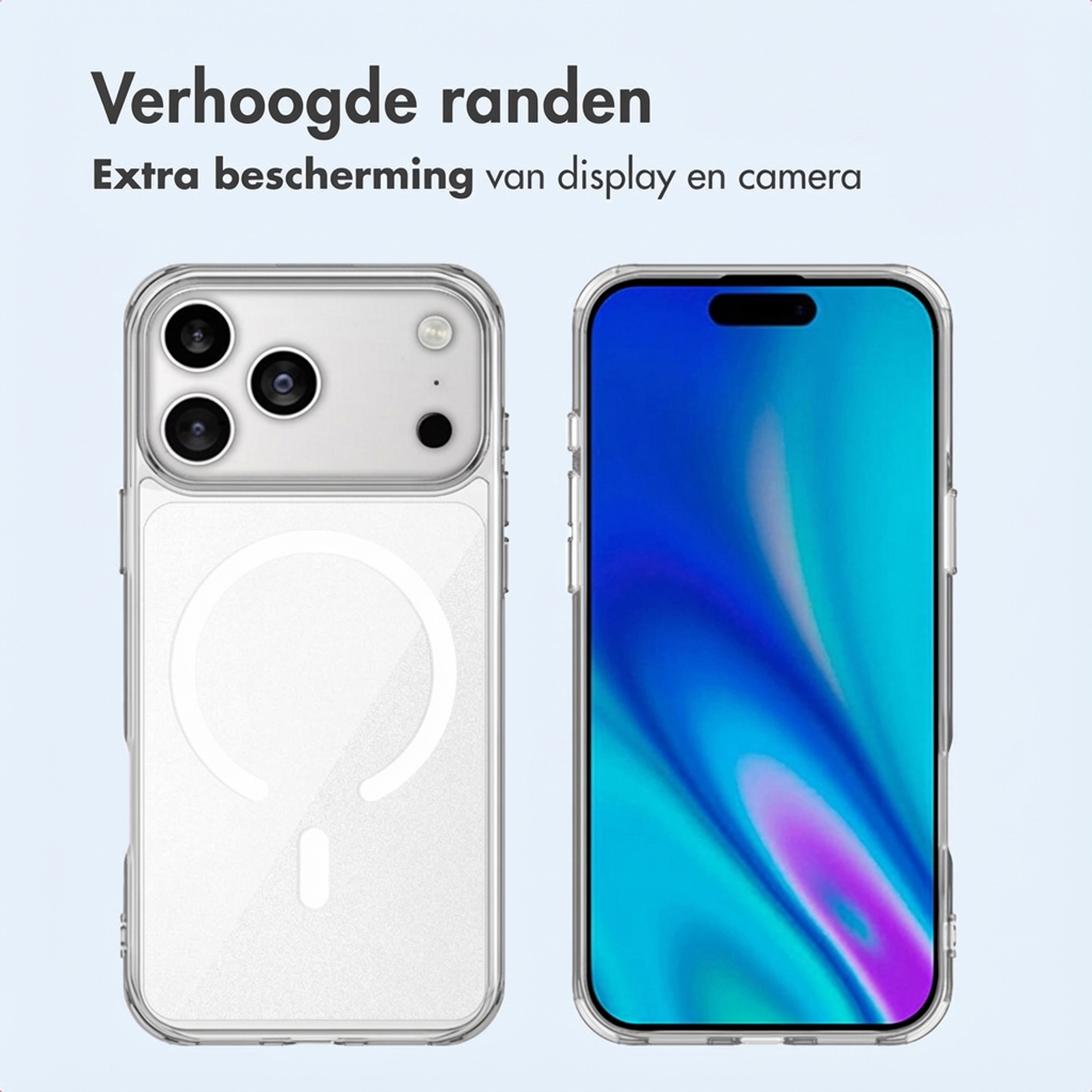 Una custodia trasparente per telefono con MagSafe e uno smartphone con schermo blu.
