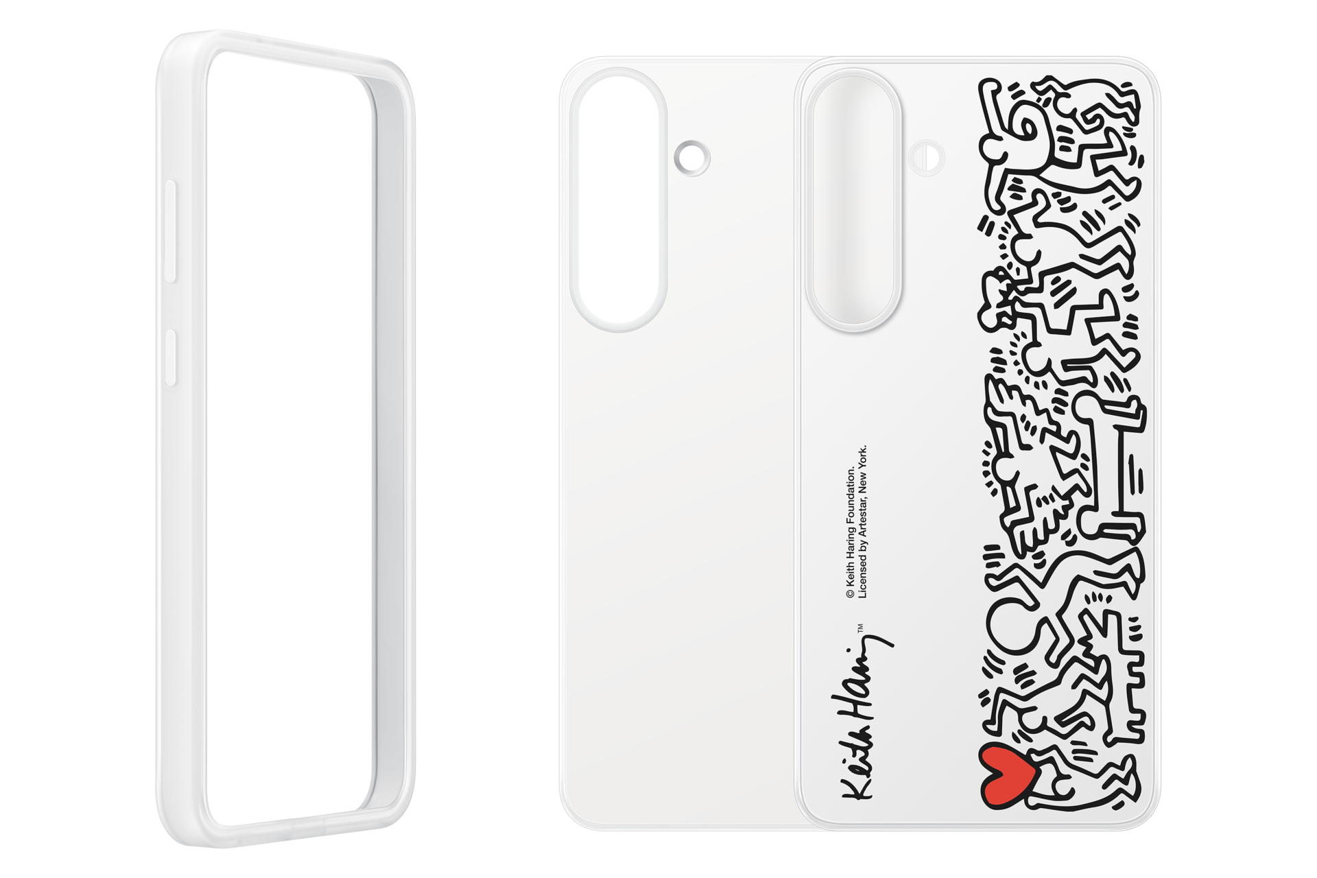 Un marco de teléfono blanco junto a una funda de teléfono blanca con arte de Keith Haring.