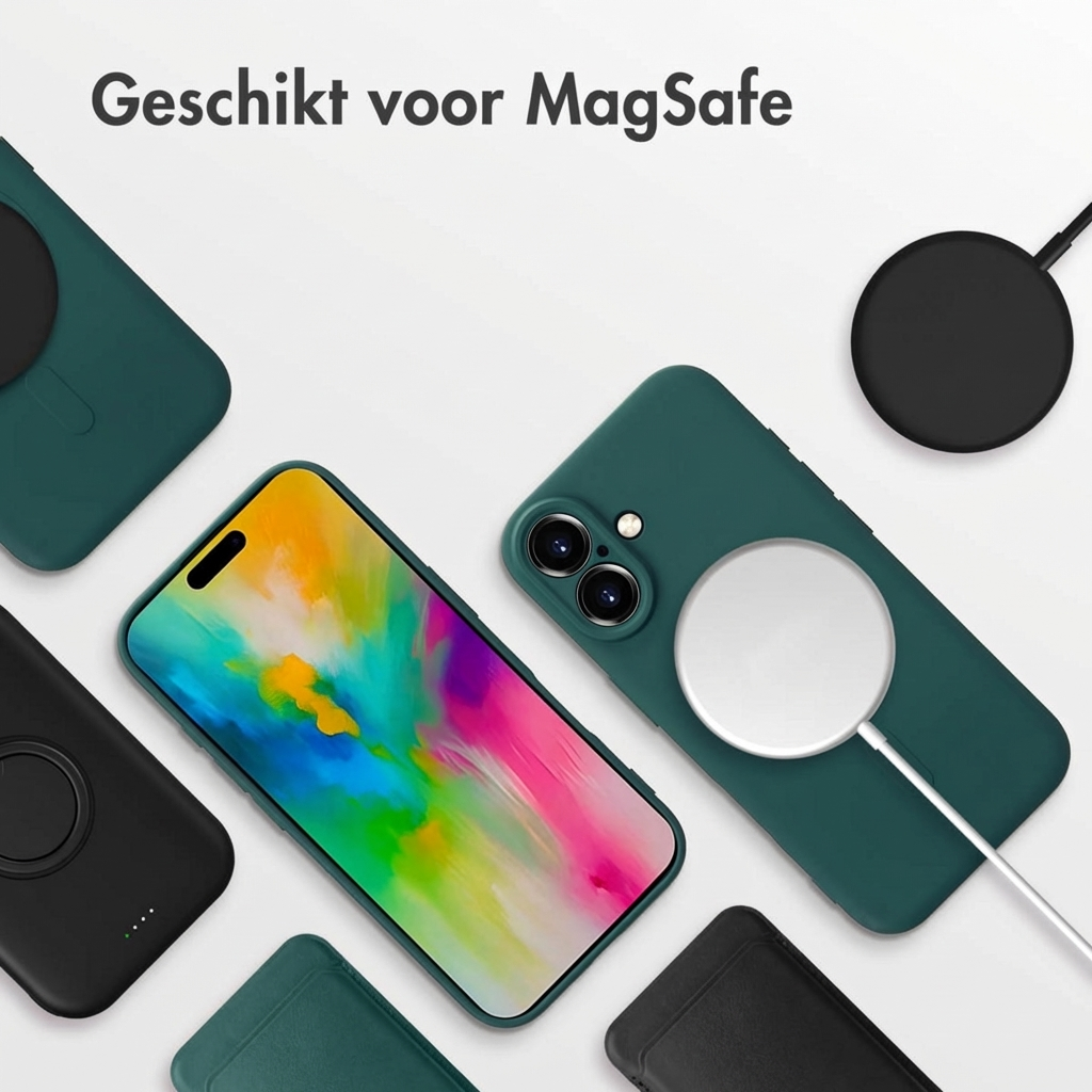 iPhone con caricabatterie MagSafe e custodie, sfondo colorato