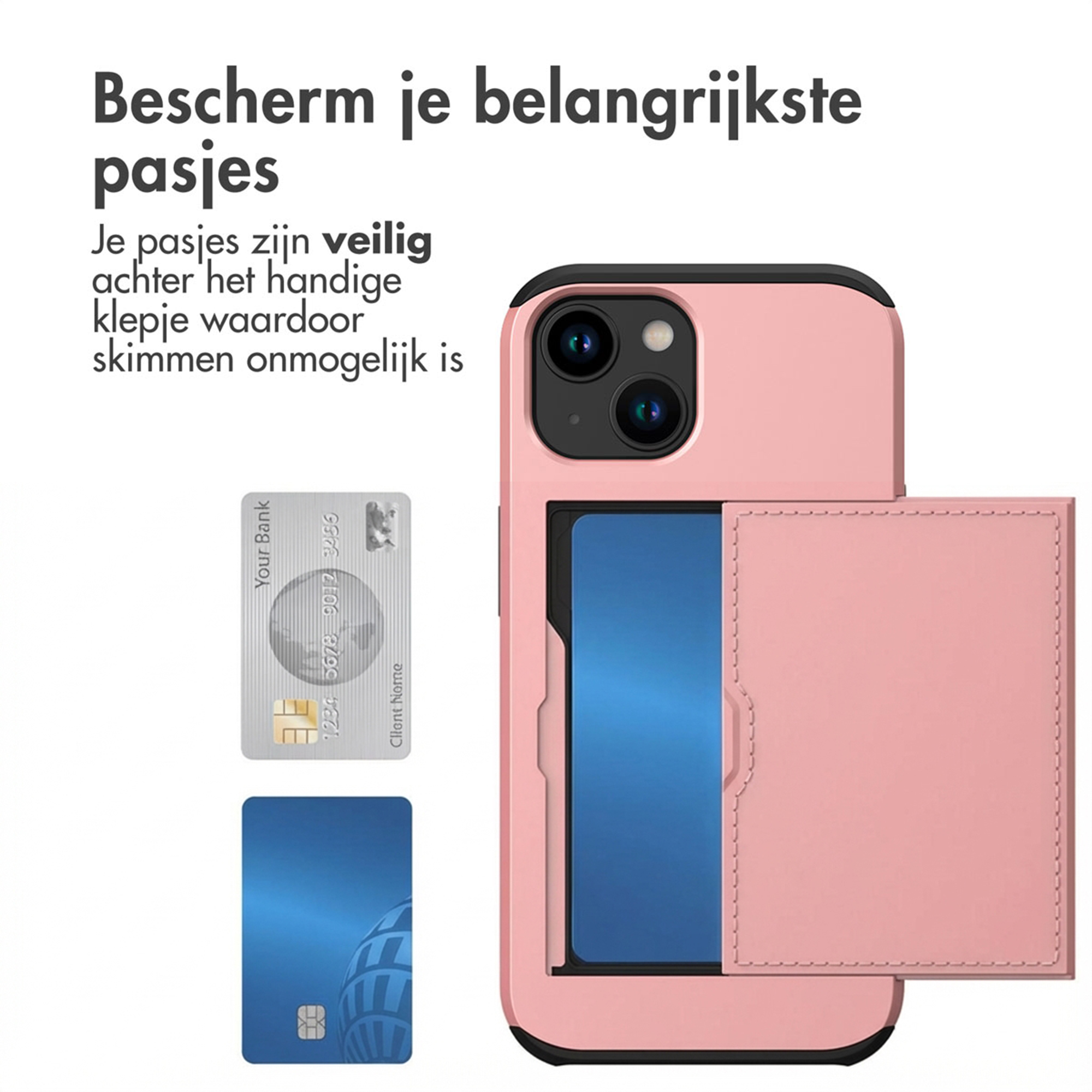 A pink phone case with card slots and credit cards shown.
