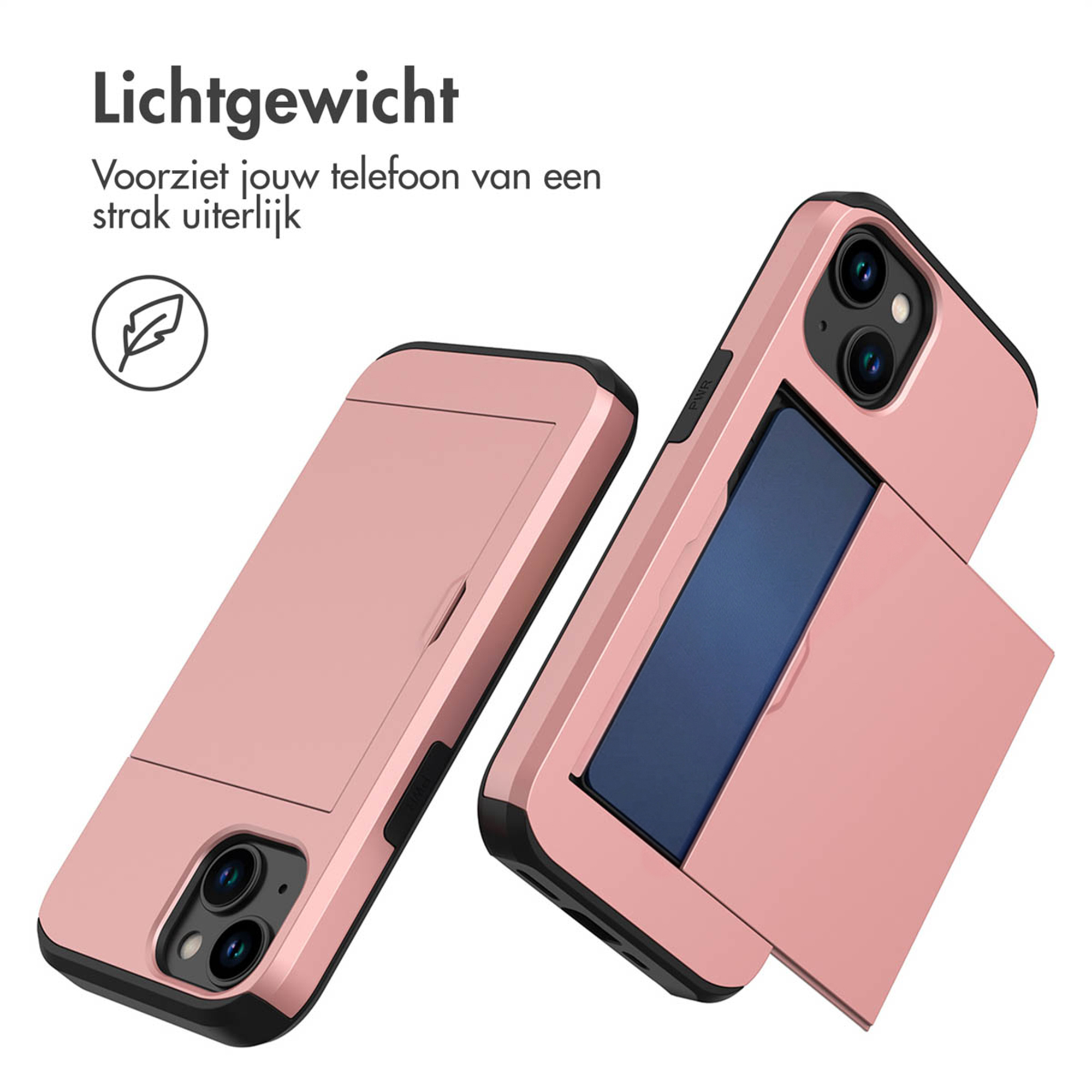 Two rose gold phone cases with card holder, one with an open compartment.