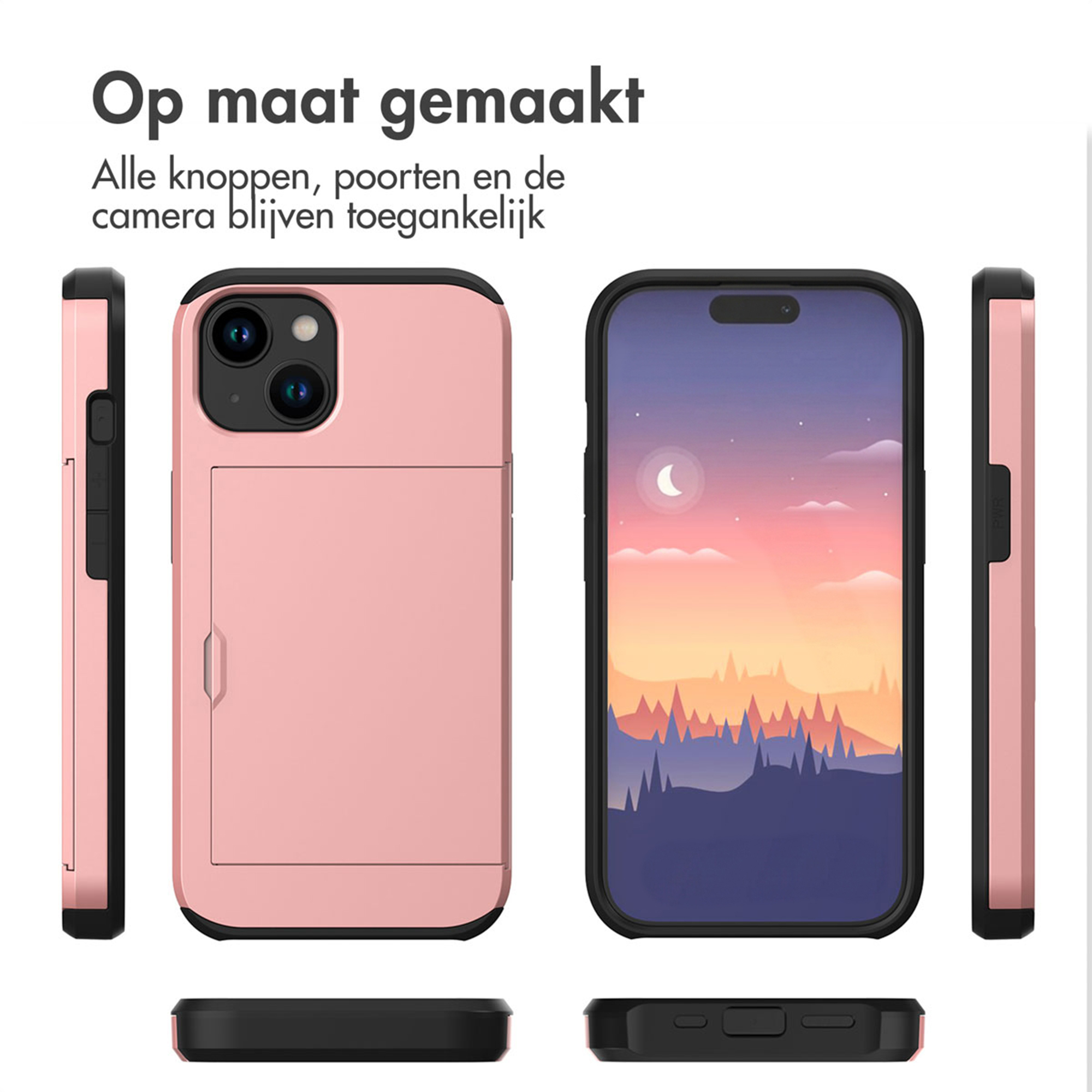 Pink phone case with card slot, front and back views.