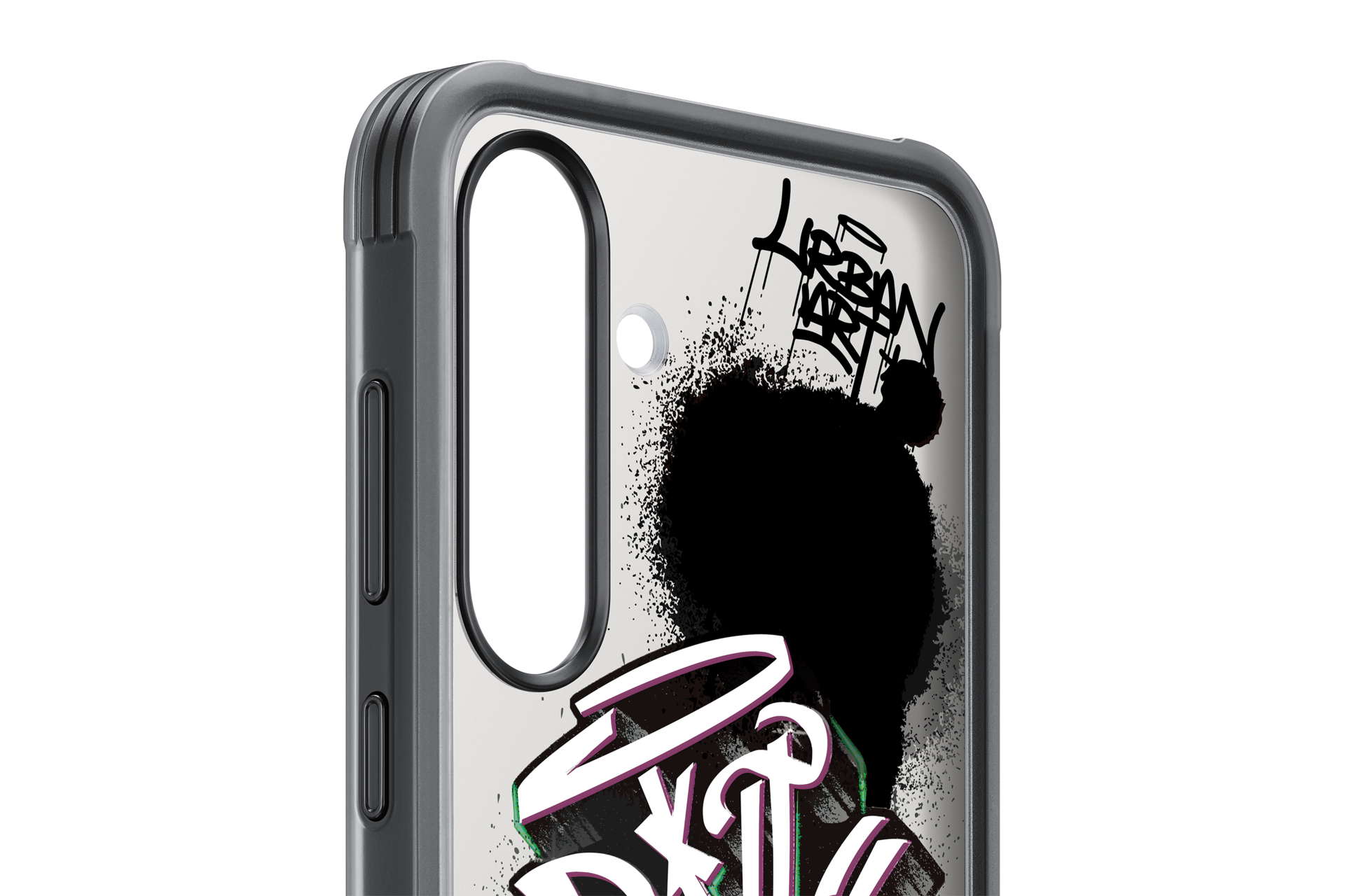 Una custodia per telefono con graffiti neri su sfondo bianco.