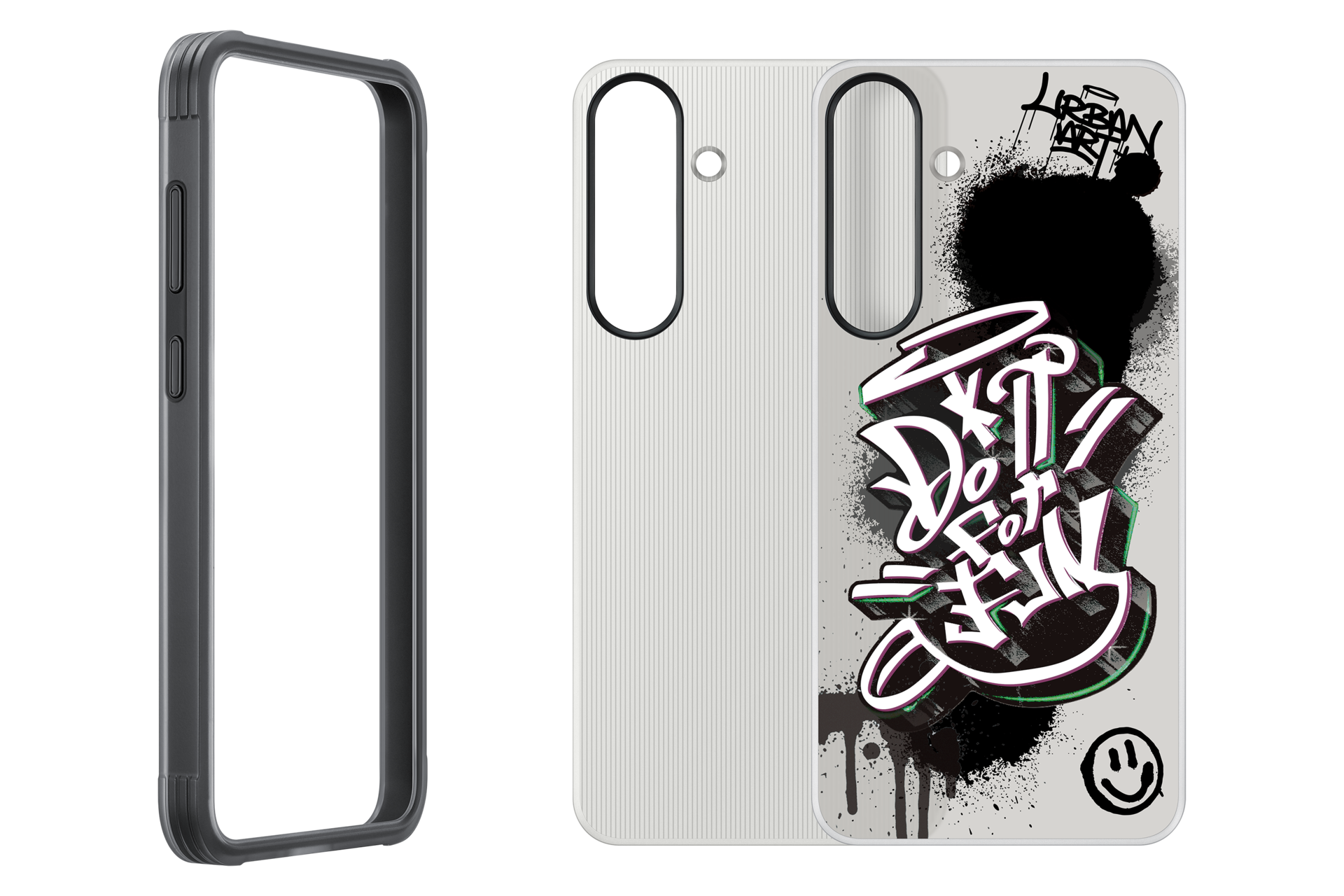 Una cornice grigia per telefono e una custodia bianca con design graffiti.