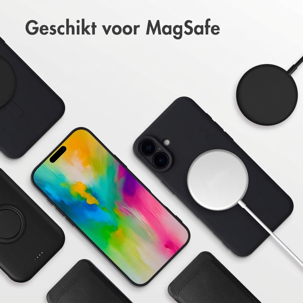 Cover nere per telefono e caricatori MagSafe disposti attorno a uno smartphone con schermo colorato.