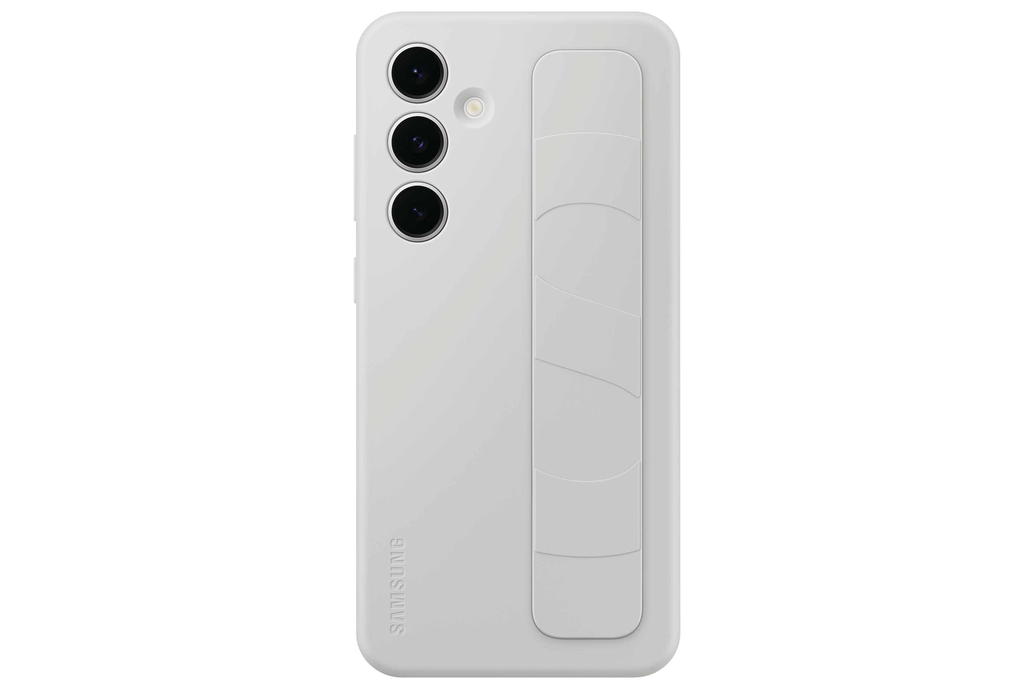 Un telefono Samsung bianco con tre fotocamere e una presa.