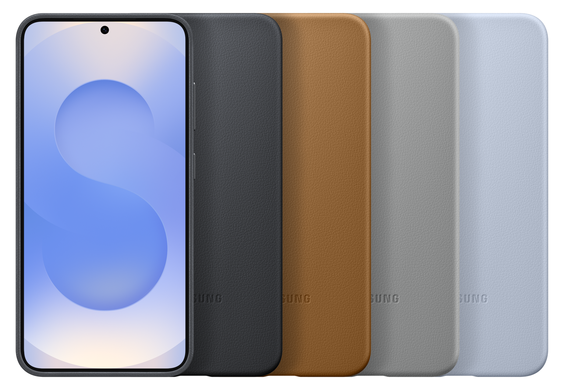 Een smartphone met een blauw scherm wordt getoond naast vier telefoonhoesjes in zwart, bruin, grijs en lichtblauw.