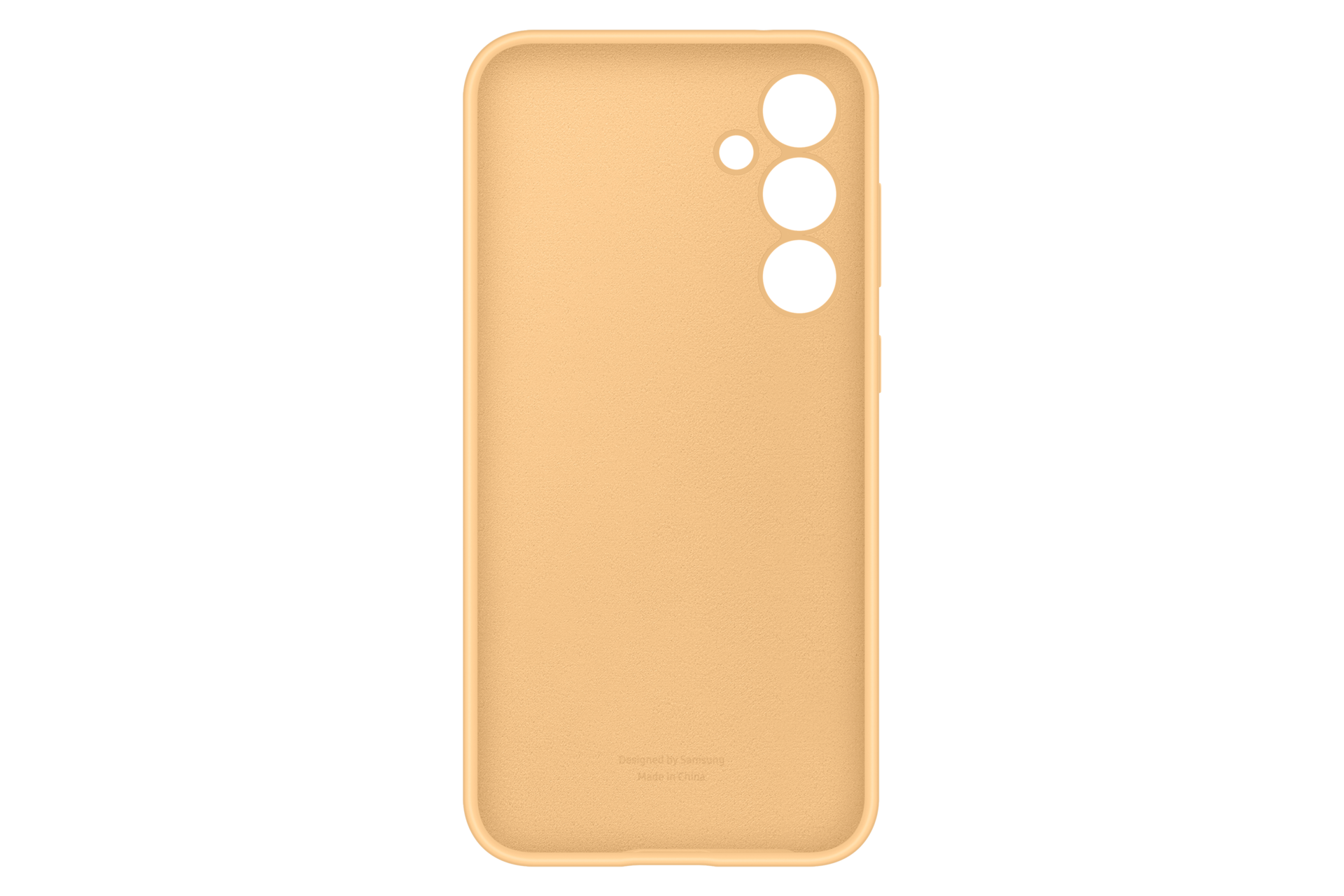 Una funda de teléfono amarillo claro con tres orificios para la cámara y uno pequeño arriba.