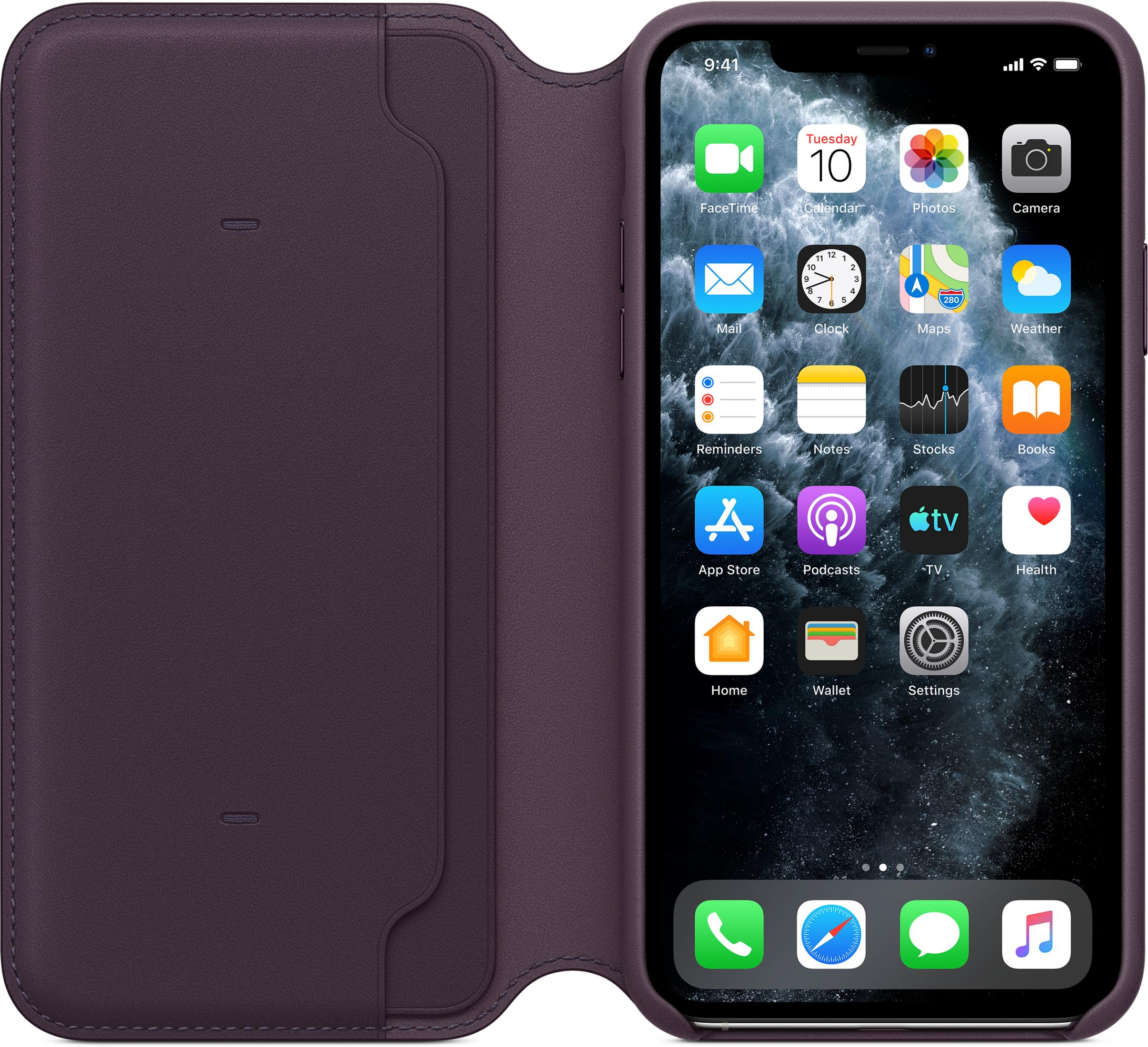 Ein violettes iPhone-Cover mit angezeigten Apps. Die linke Seite ist geschlossen.