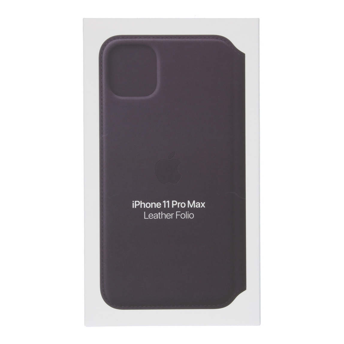 Dunkelviolettes Lederetui für iPhone 11 Pro Max mit Apple Logo.