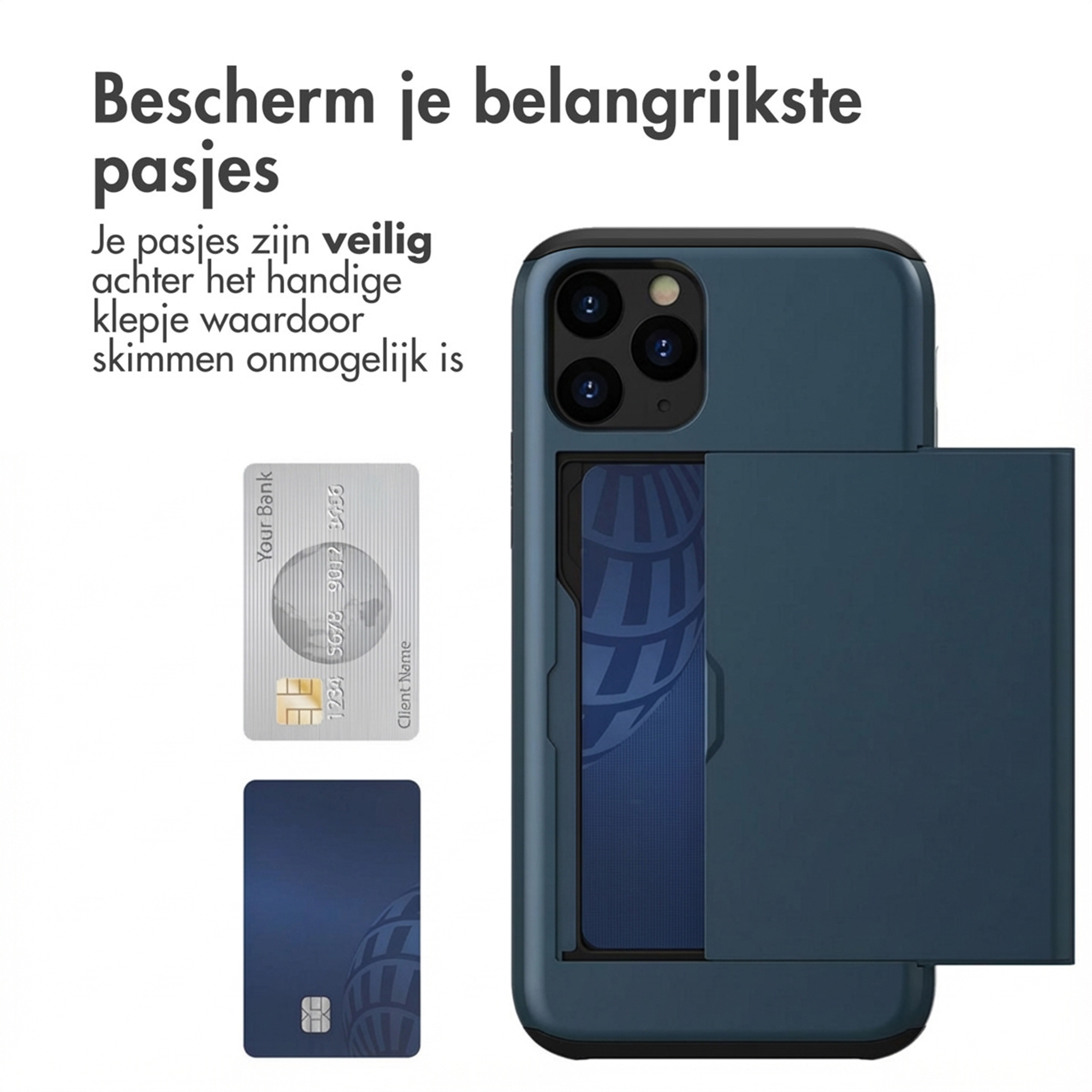 Una custodia blu per telefono con slot per carte e carte di credito.