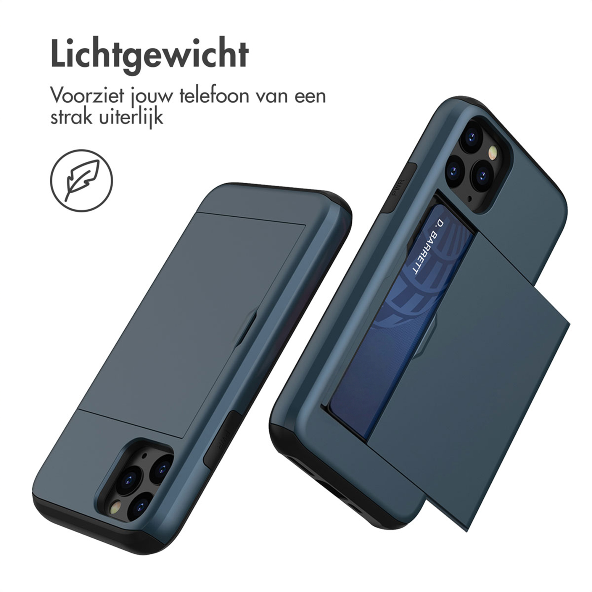 Due custodie per telefono blu scuro con slot per carte, una con carta inserita.