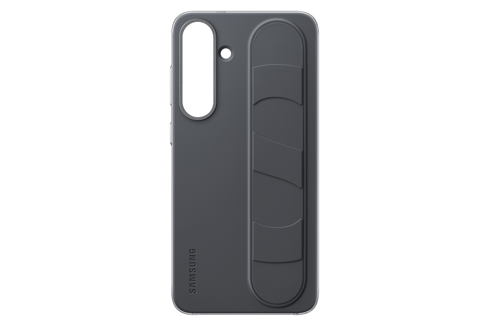 Dunkelgraues Smartphone-Case mit vertikalem Griff und Kameraausschnitt.