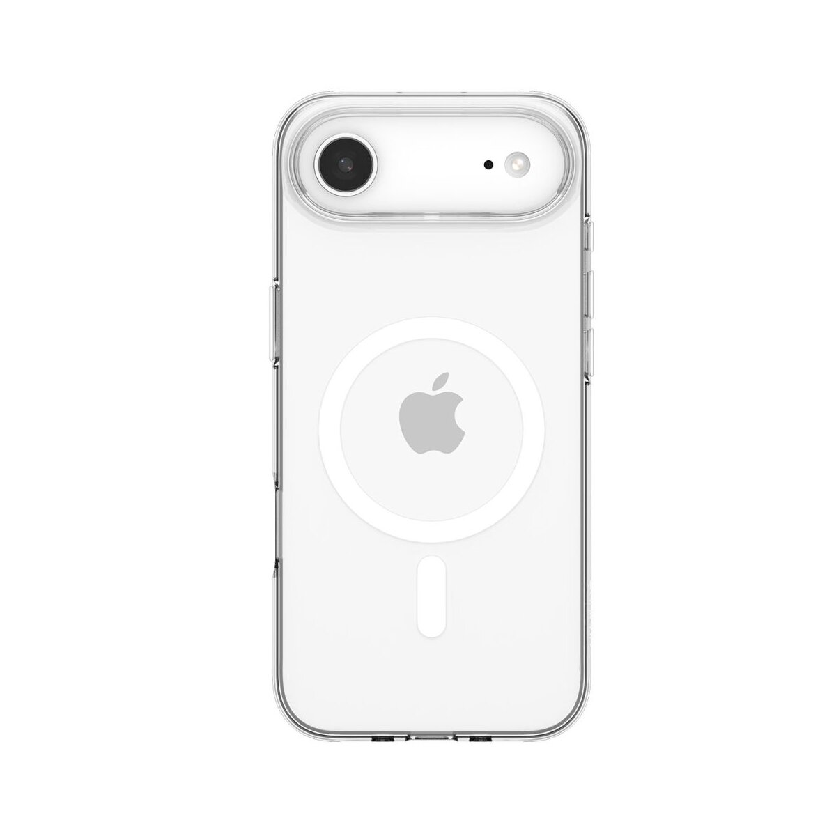 Custodia trasparente per telefono con logo Apple e modulo fotocamera.
