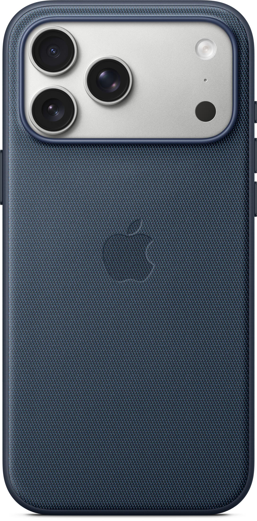 Telefono blu scuro con tripla fotocamera e logo Apple.