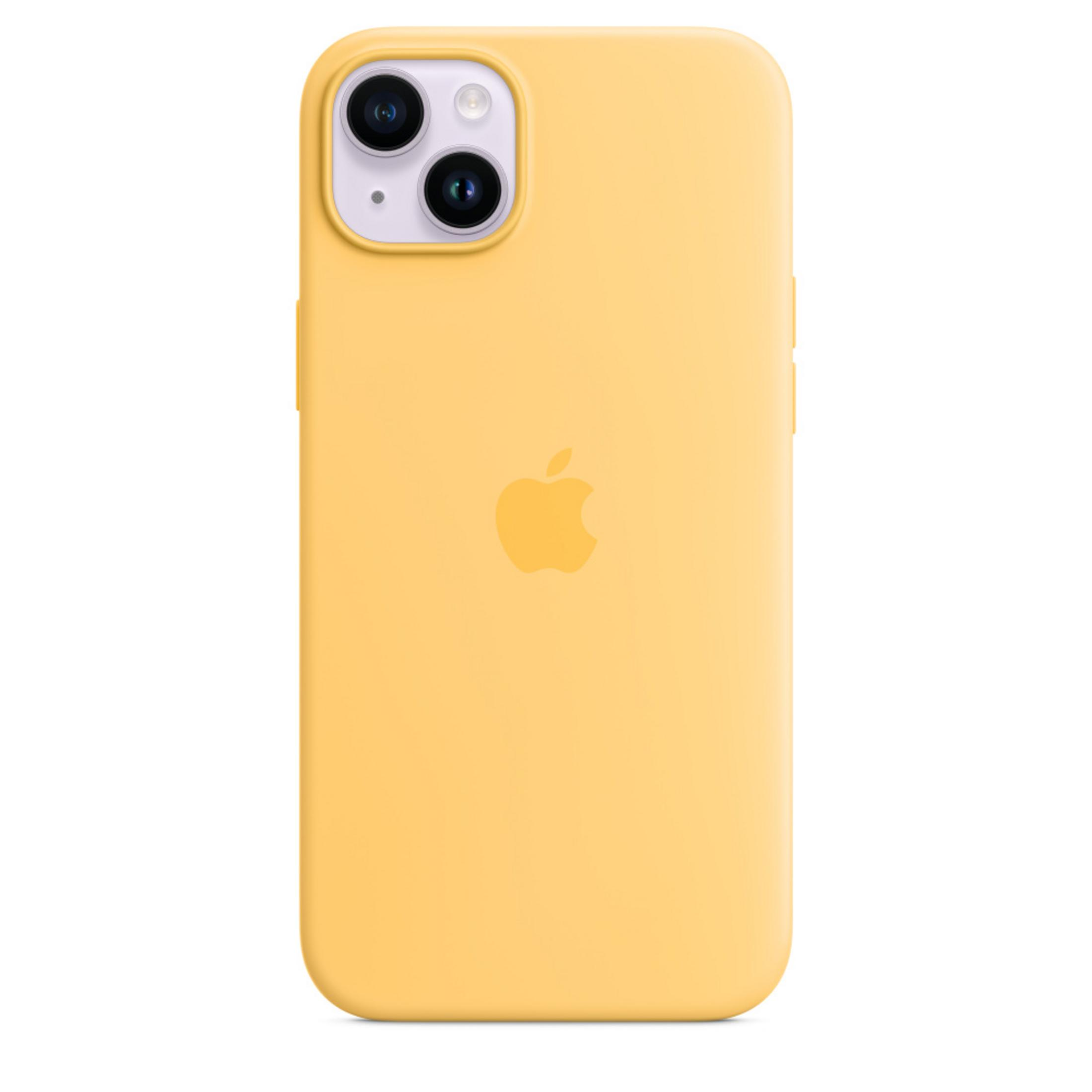 A yellow iPhone case with an Apple logo and camera.