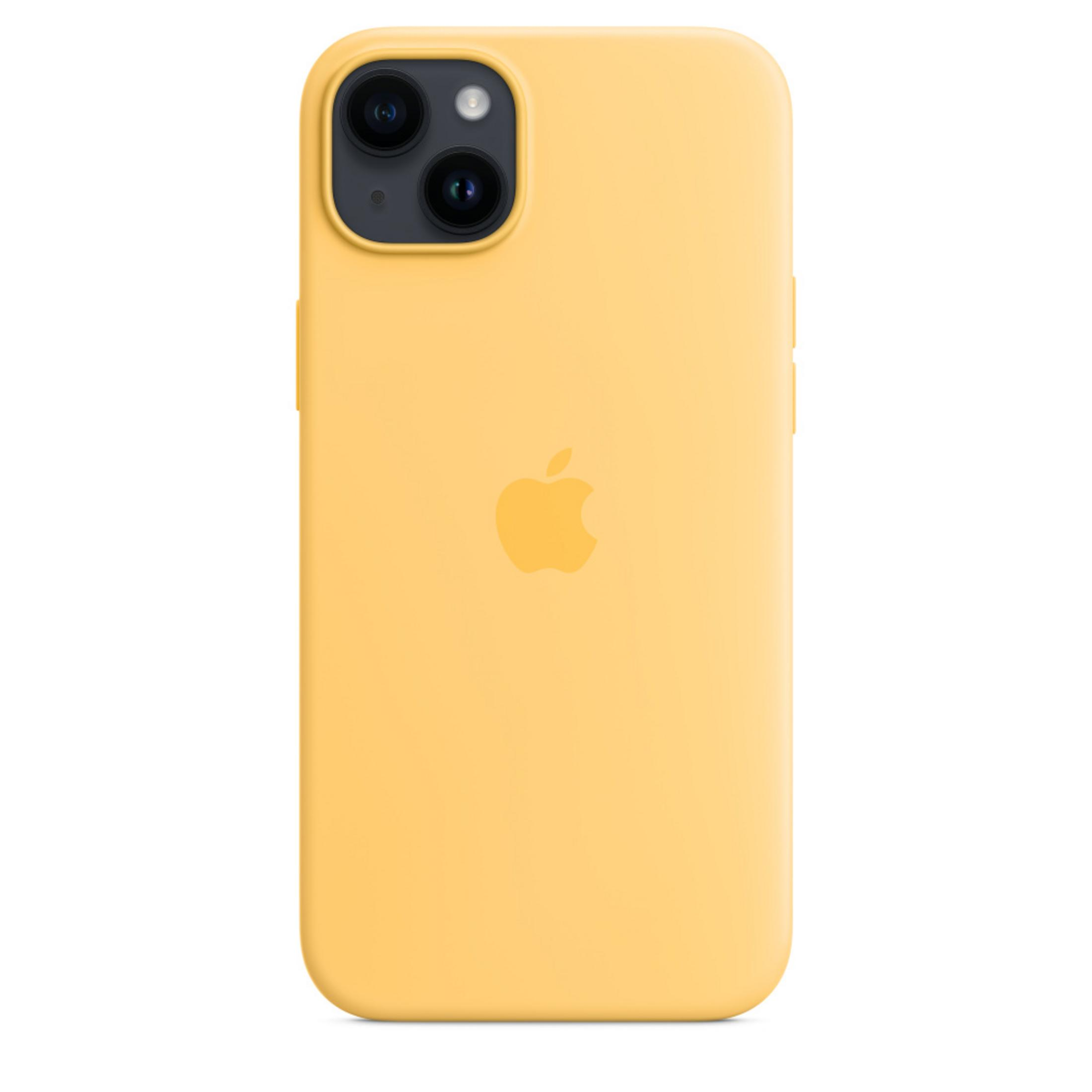 A yellow iPhone with a dual camera system and Apple logo.