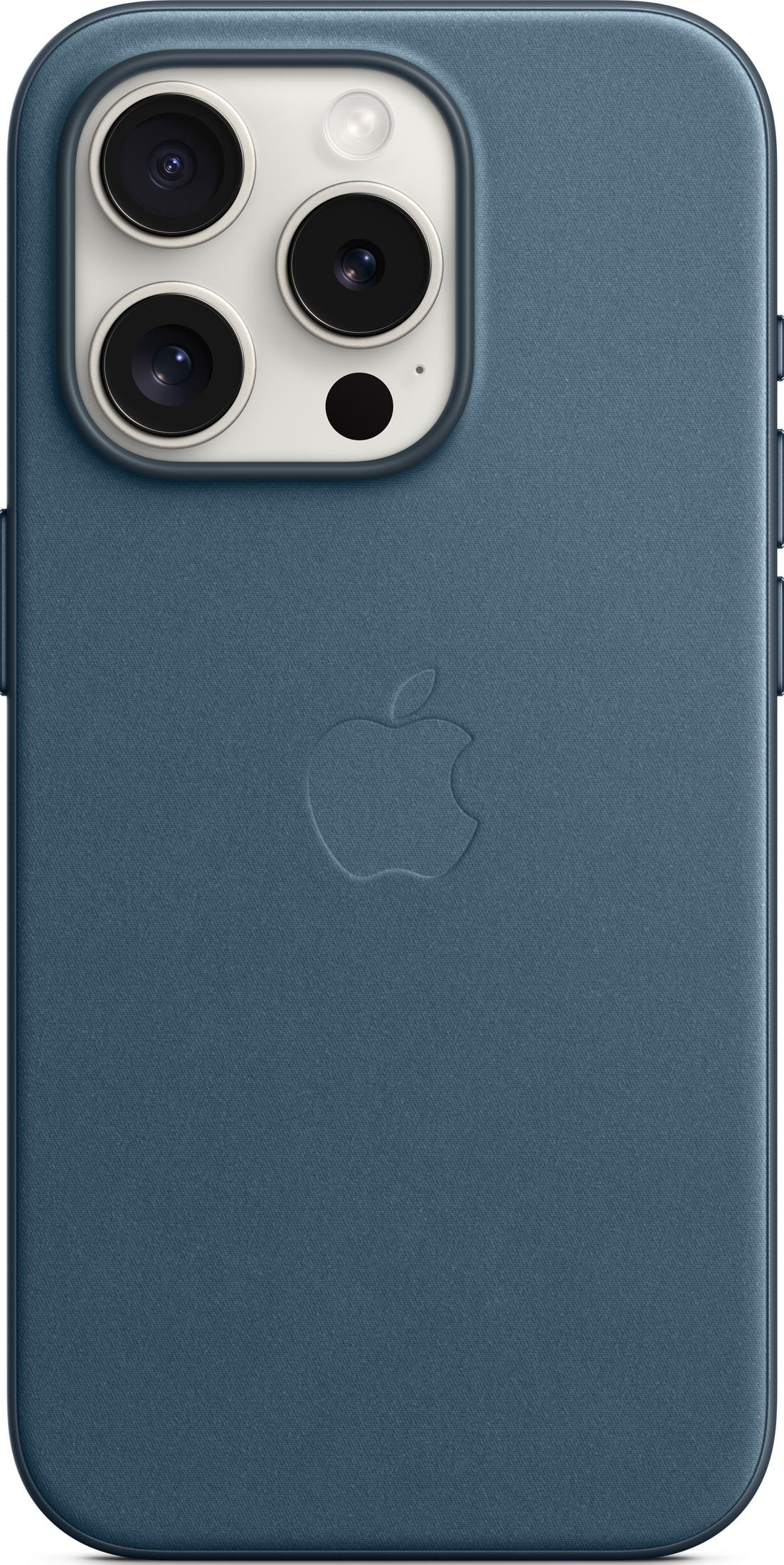 Custodia blu per telefono con logo Apple e tre obiettivi.