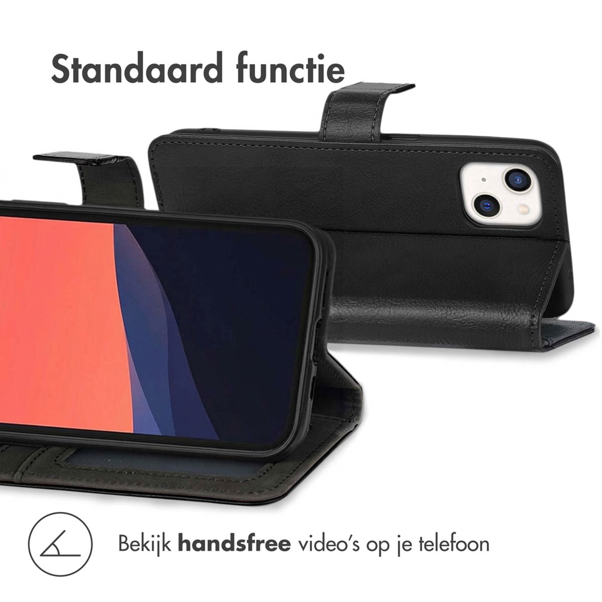 Un telefono nero in una custodia a flip con funzione stand e flash.