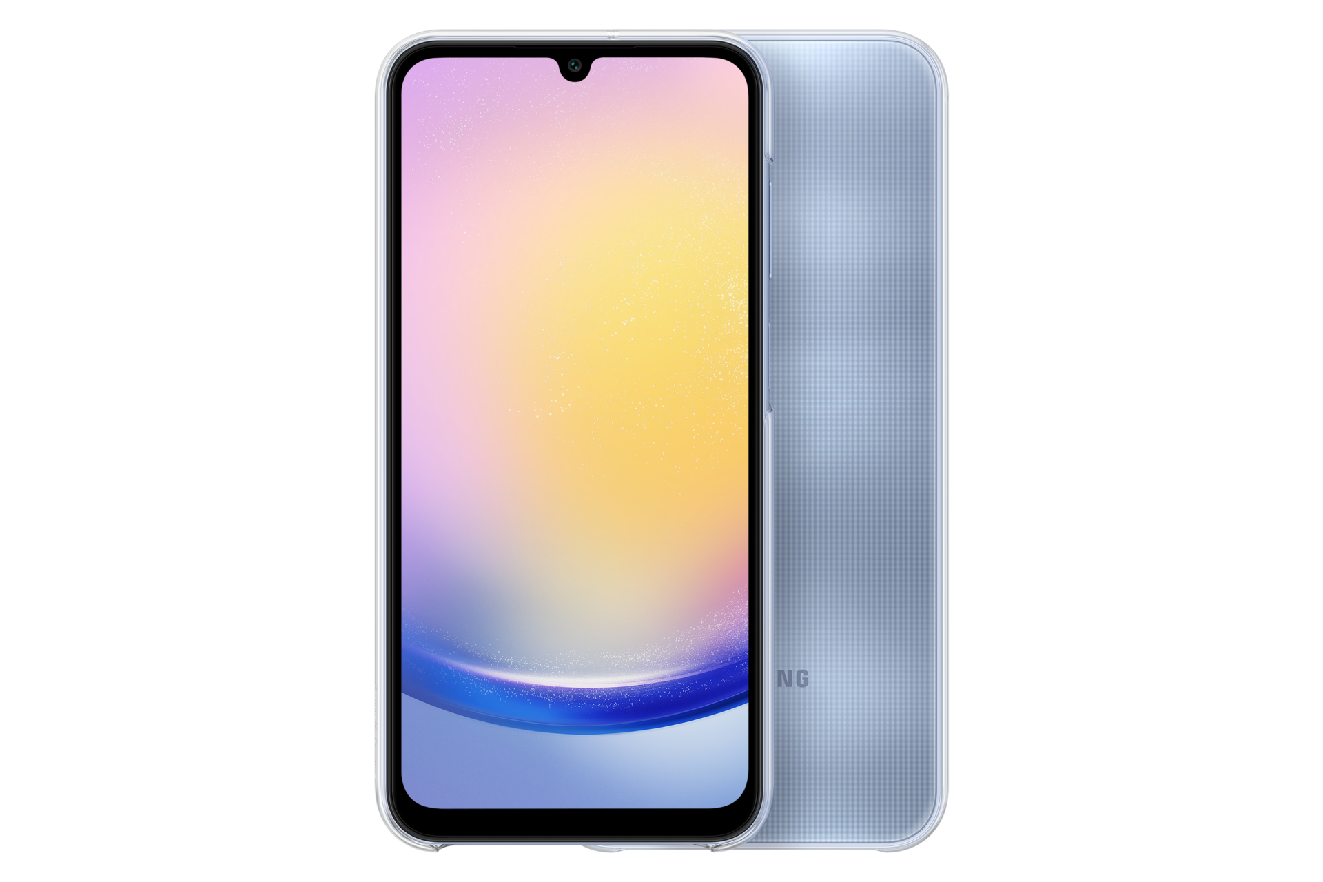 Un smartphone azul claro con pantalla degradada y parte trasera texturizada.