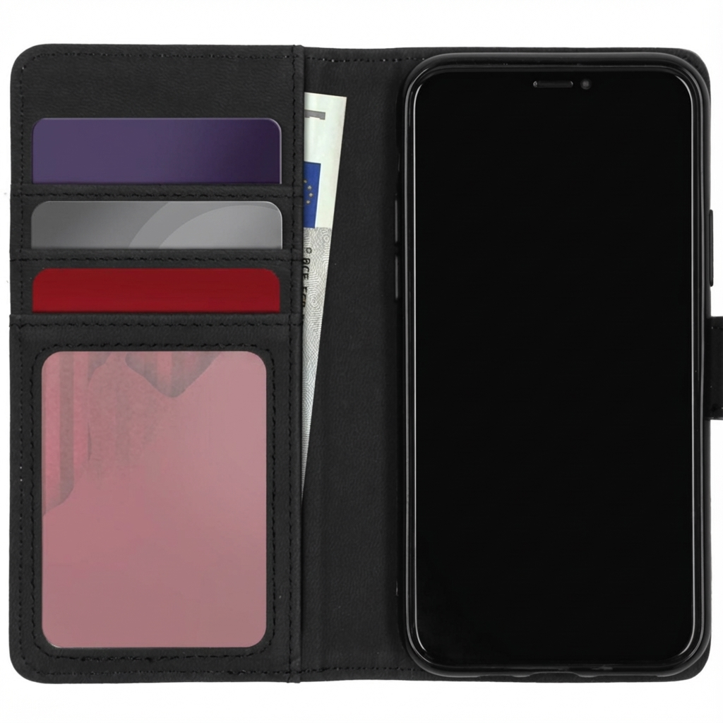 Una custodia a libro nera per telefono con slot per carte e scomparto banconote.