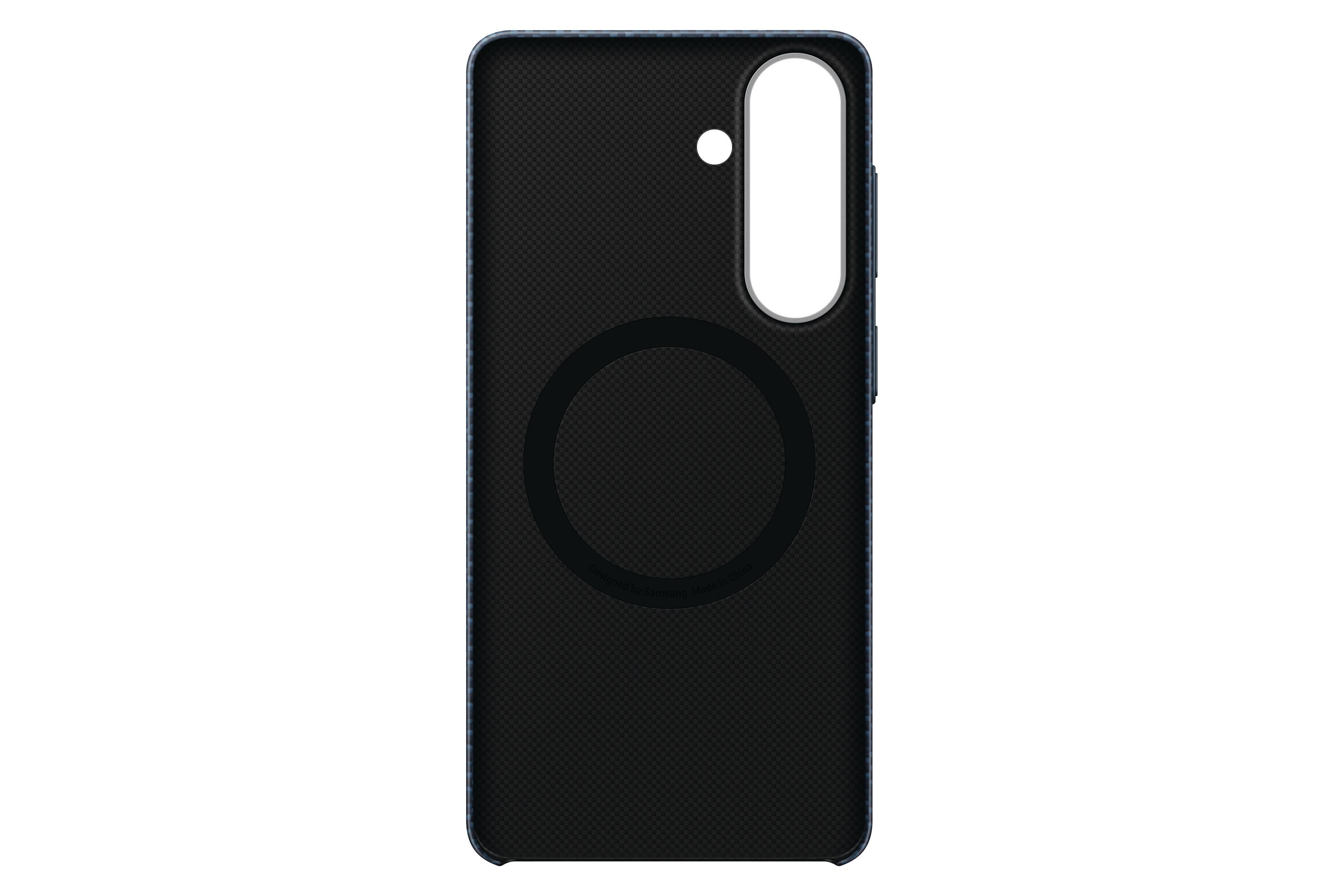 Funda negra para teléfono con círculo plateado y punto blanco.