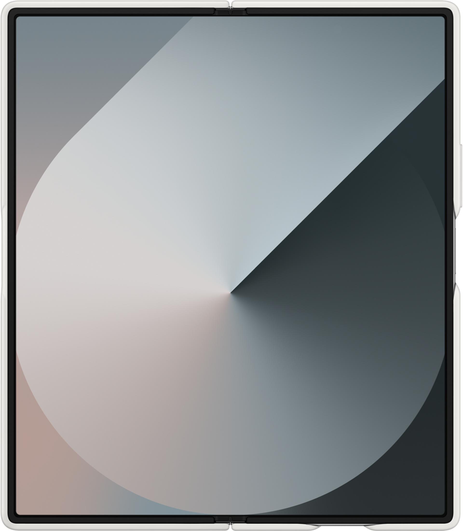 Un smartphone plegable rectangular abierto con un degradado gris y rosa.