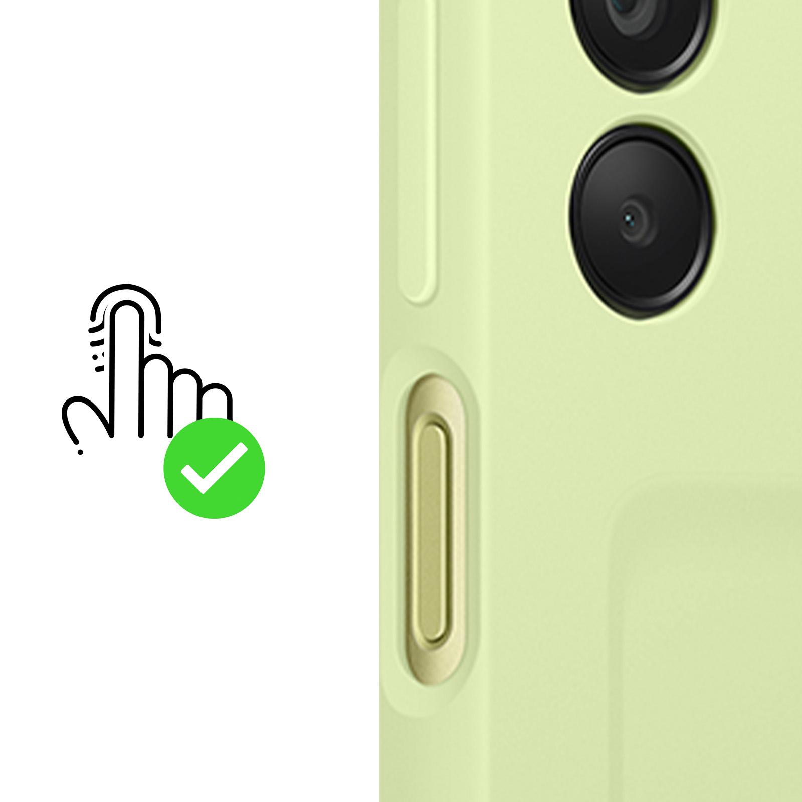 Icona di un dito che tocca con un segno di spunta verde accanto a una custodia verde pallido.
