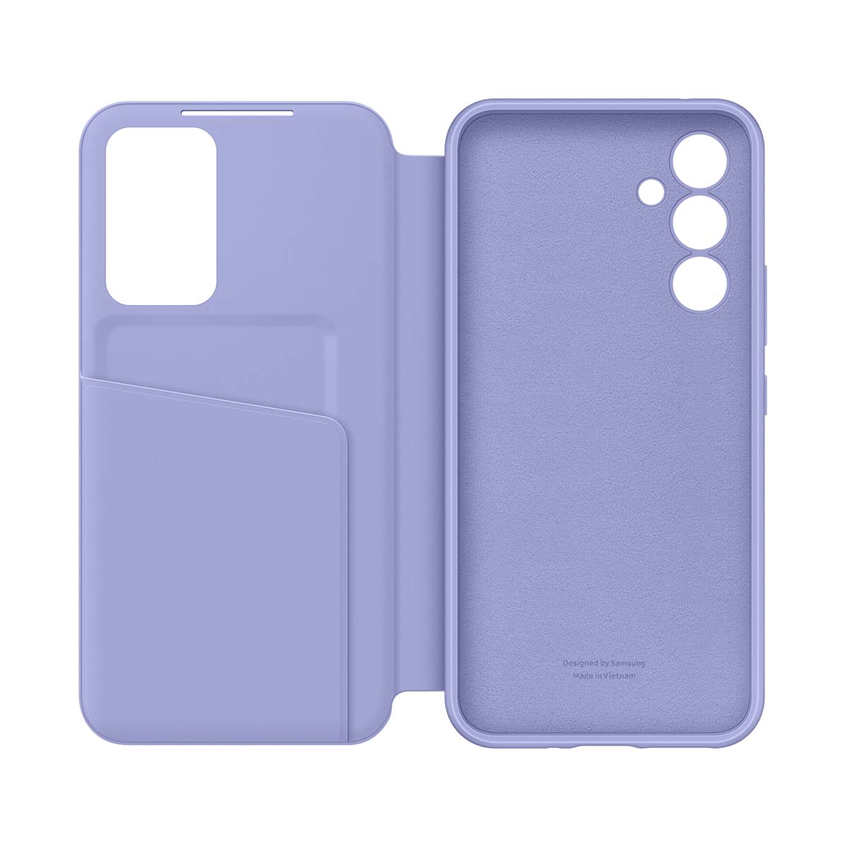 Una custodia viola per telefono con slot per carte e ritagli per fotocamera.
