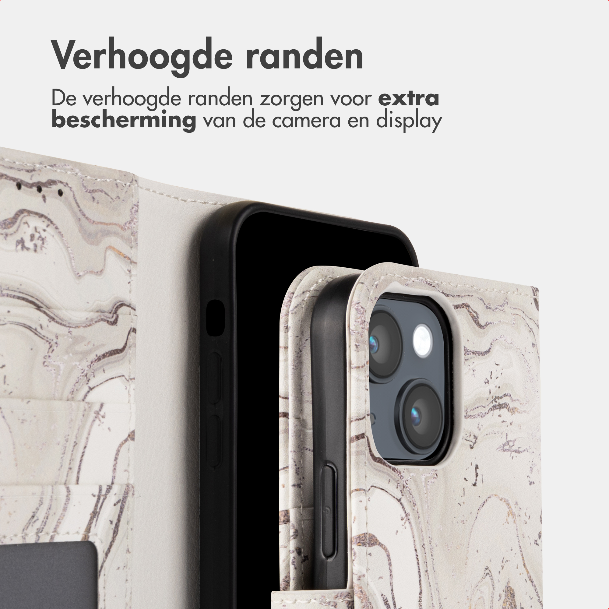 Una custodia per telefono in marmo con bordi rialzati per fotocamera e display.