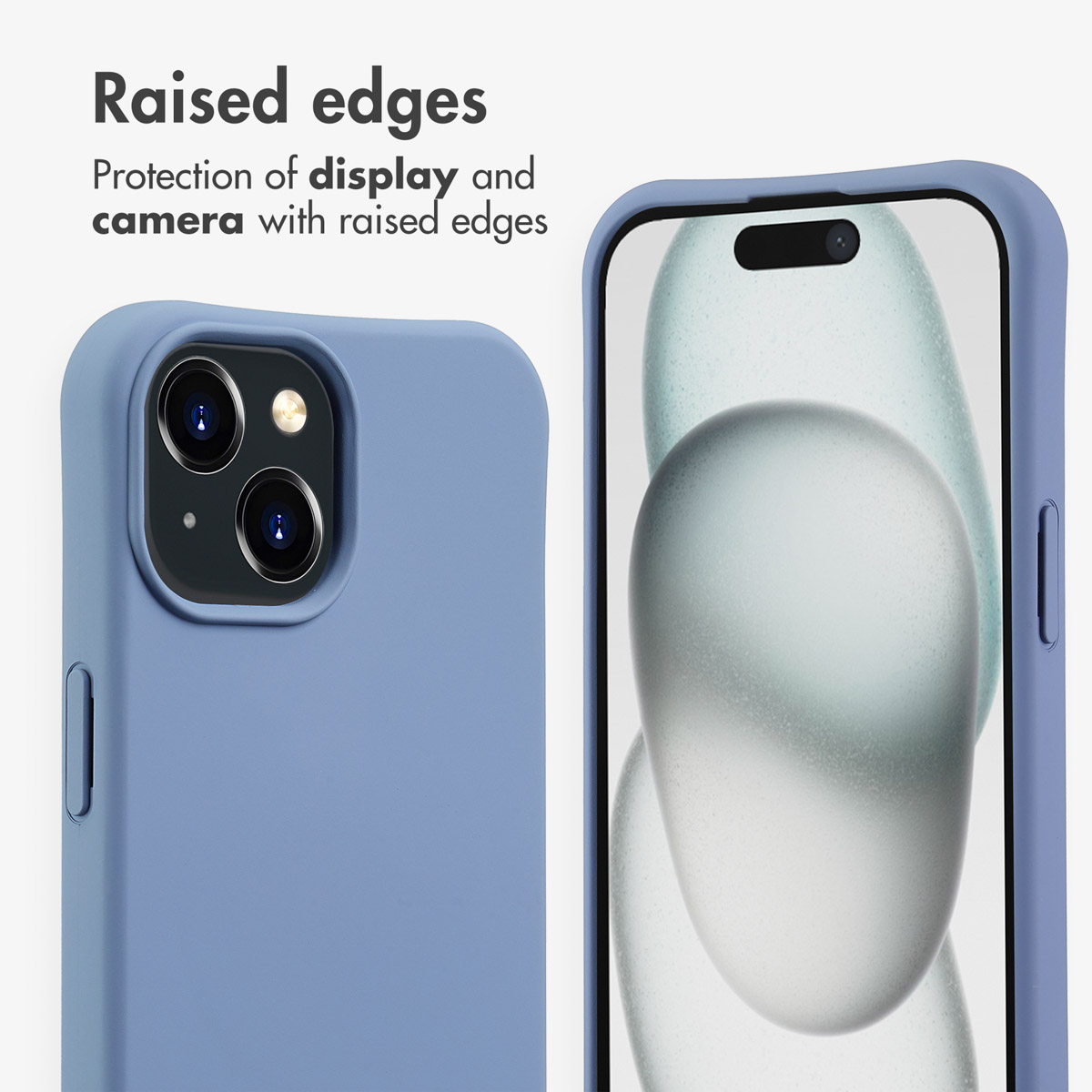 Blue phone case with raised edges protecting camera and display.